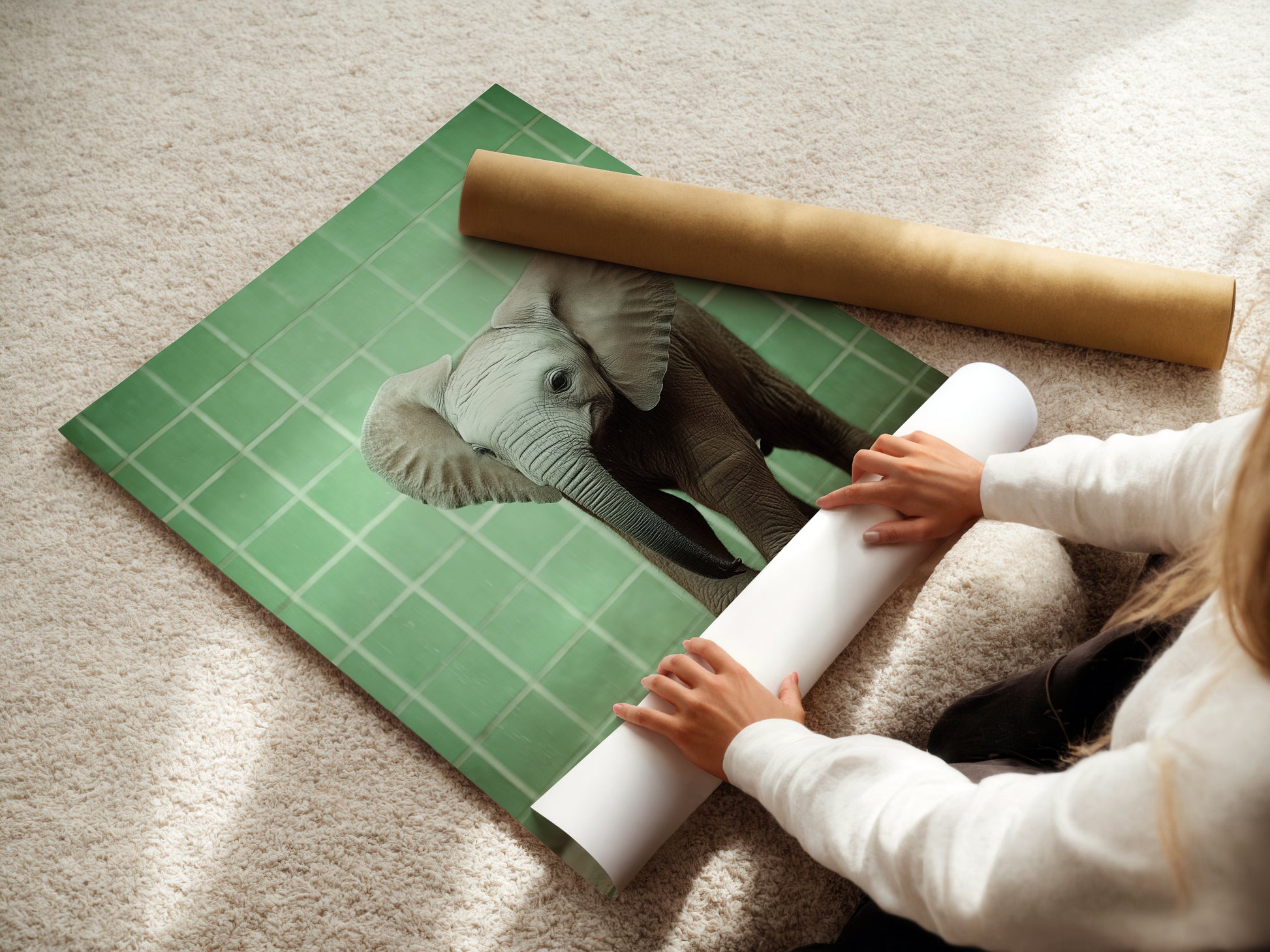 Woman carefully rolling a fine art poster paper featuring the Baby Elephant artwork. Our fine art posters are printed on high quality paper. Perfect for creating stunning wall displays. Get your safari animal art today.