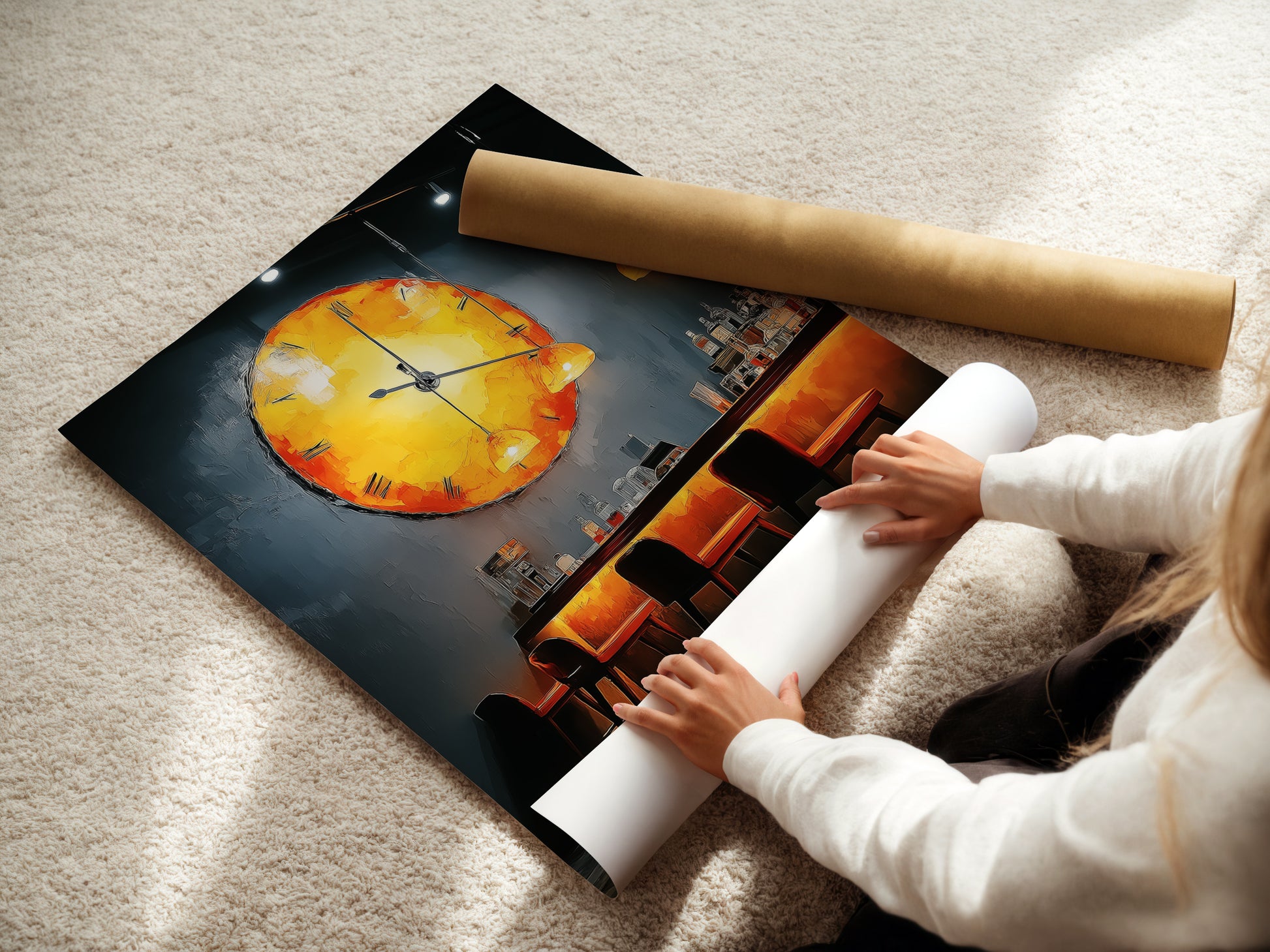 A woman rolls fine art poster paper. This showcases the care in preparing the bar scene artwork. Get ready to display moody restaurant wall art. It will elevate your dining space with abstract clock artwork.