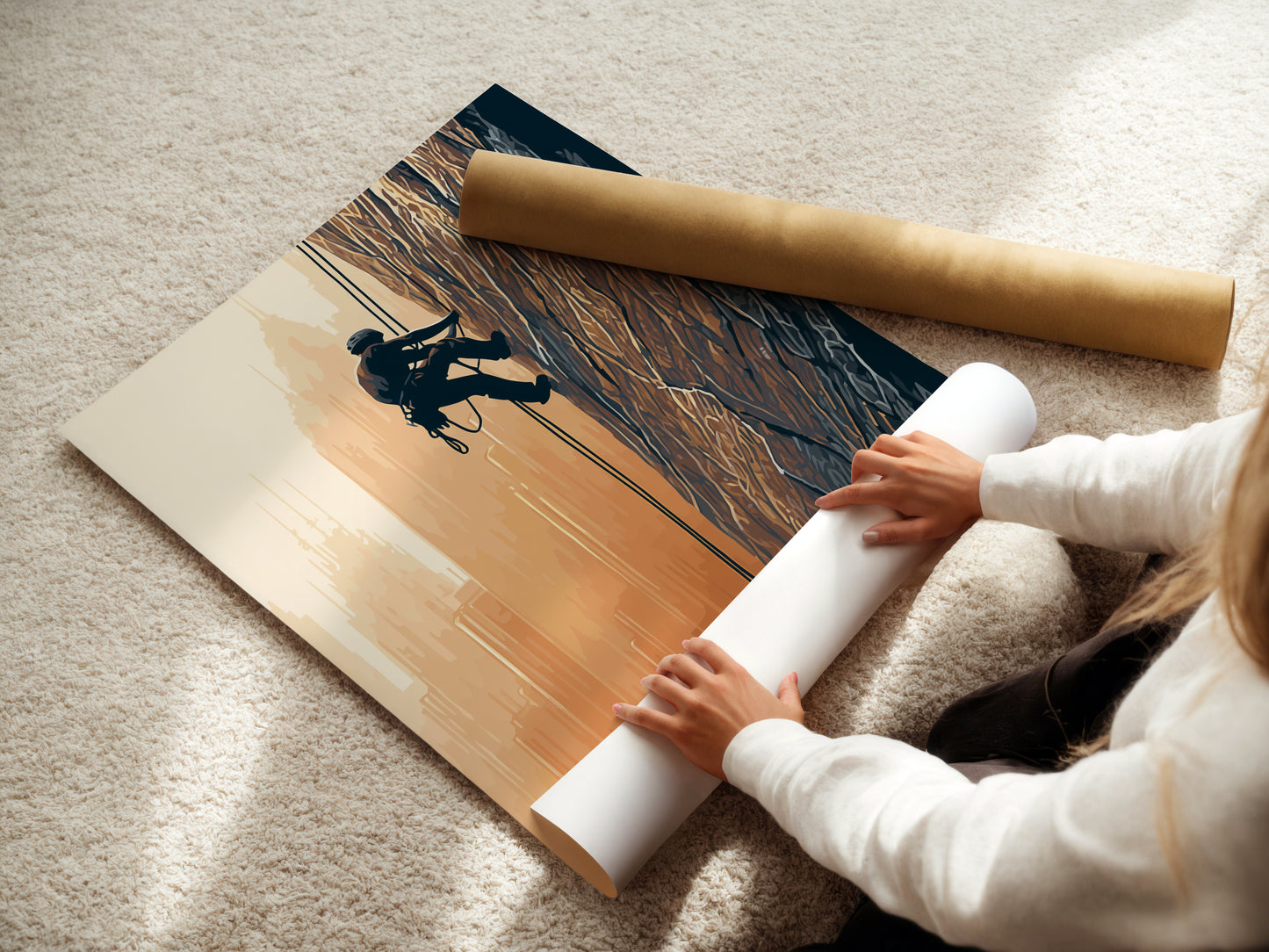 A woman is rolling fine art poster paper. This is for the rock climbing artwork. The poster paper is high-quality. Ready to be framed. Perfect for urban landscape enthusiasts.