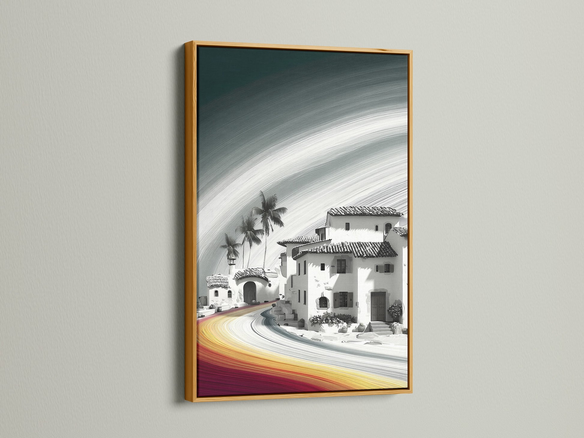 The Coastal Village artwork is showcased in a gold frame. The gold frame brings a touch of luxury and elegance. This frame enhances the Mediterranean artwork with a radiant glow. It adds warmth and sophistication to your home decor.