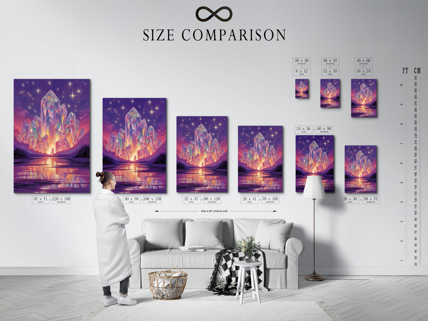 A size comparison chart in an interior setting. See how the Crystal Fantasy Art Print fits in your space. Visualize the mystical purple landscape on your wall. Choose the perfect size for your surreal artwork today.