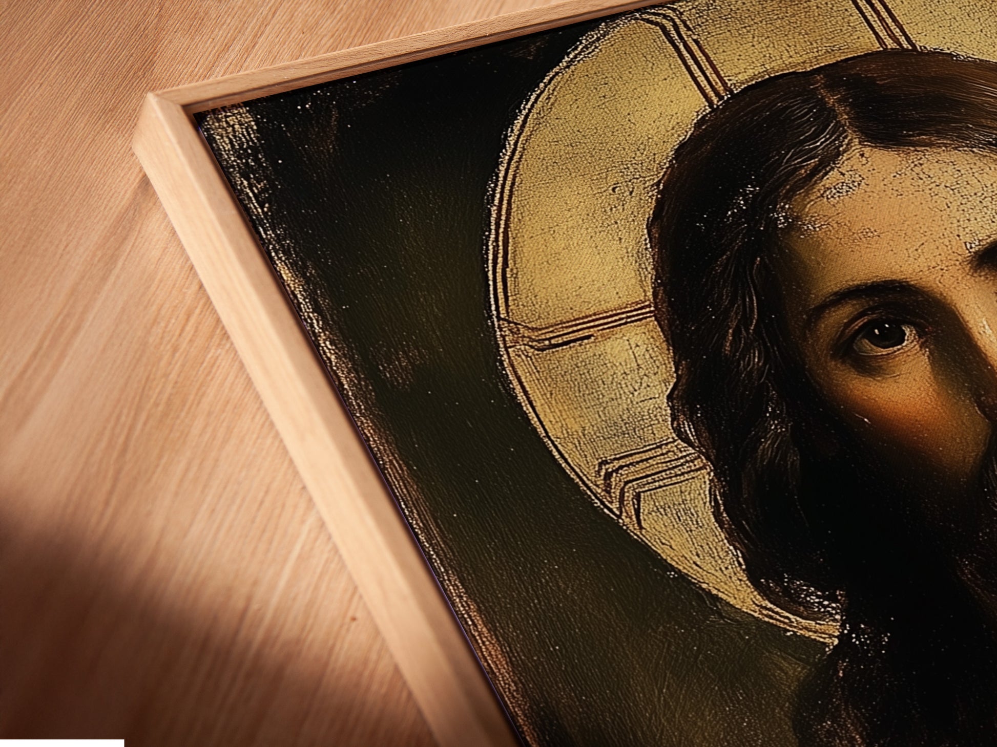 This angled close-up showcases a canvas print in a floating frame. The floating frame creates a modern gallery look. It highlights the artwork without distraction. The canvas print appears to float. It is a unique and stylish presentation.