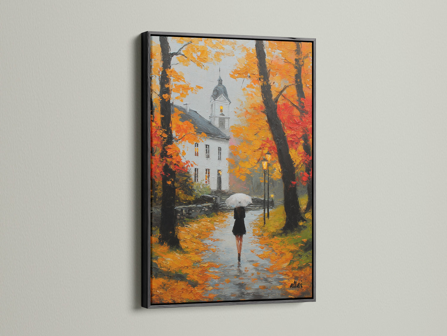 Artwork with a black frame. A black frame offers a bold contrast. It makes the art more dramatic. Ideal for contemporary spaces. The black frame adds sophistication. It draws the eye to the artwork.
