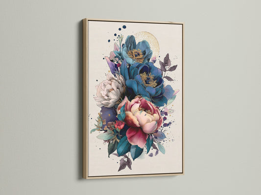 Vintage Floral Art Print - Blue Pink Peony Botanical Wall Art, Modern Home Decor, Living Room Bedroom Art, Nature Illustration