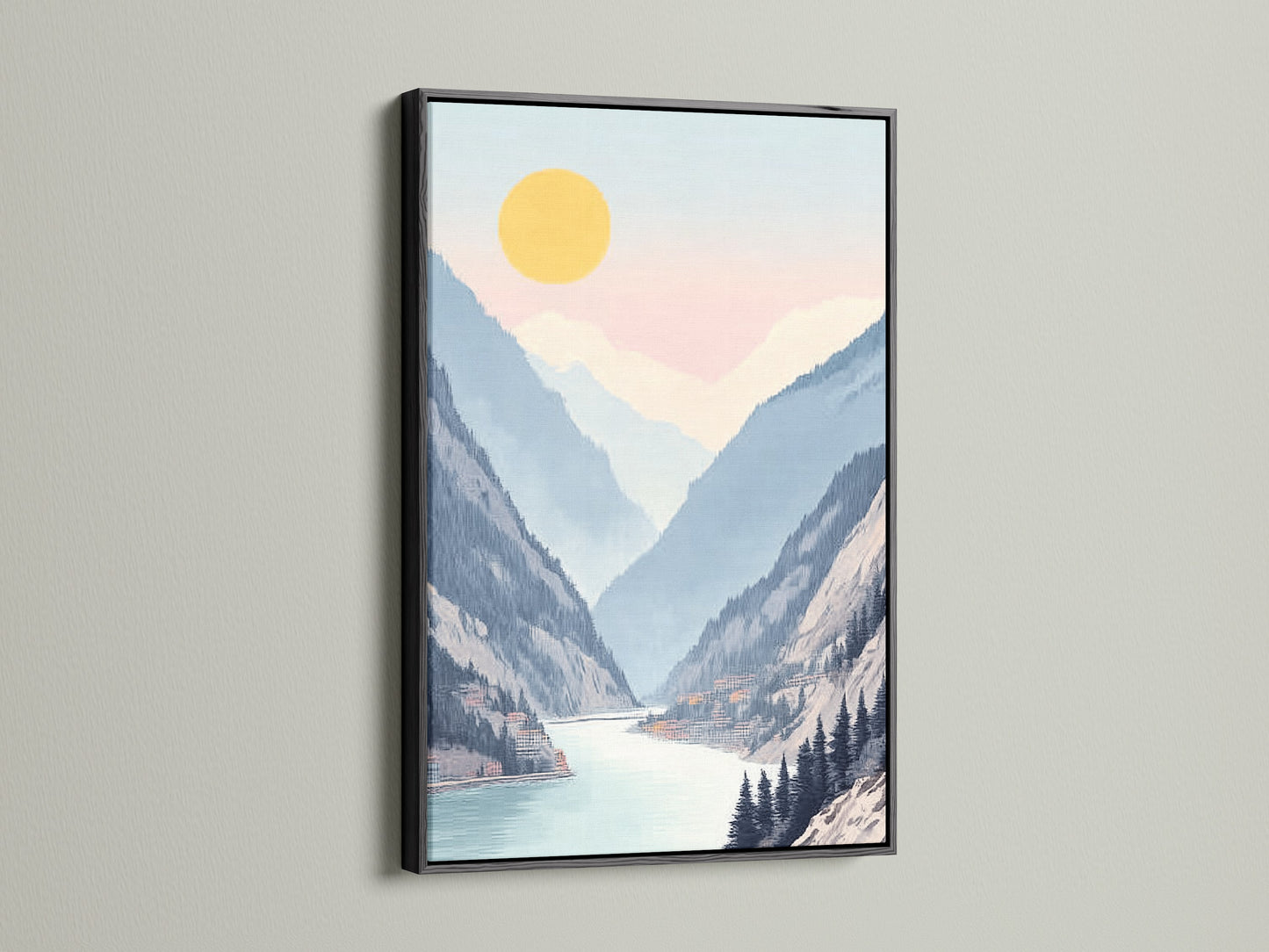 Explore this captivating valley wall art. It's framed in a sleek black frame. The serene pastel landscape brings tranquility to your space. This mountain lake canvas is perfect for office wall decor or home art. It's ideal for modern and contemporary interiors.