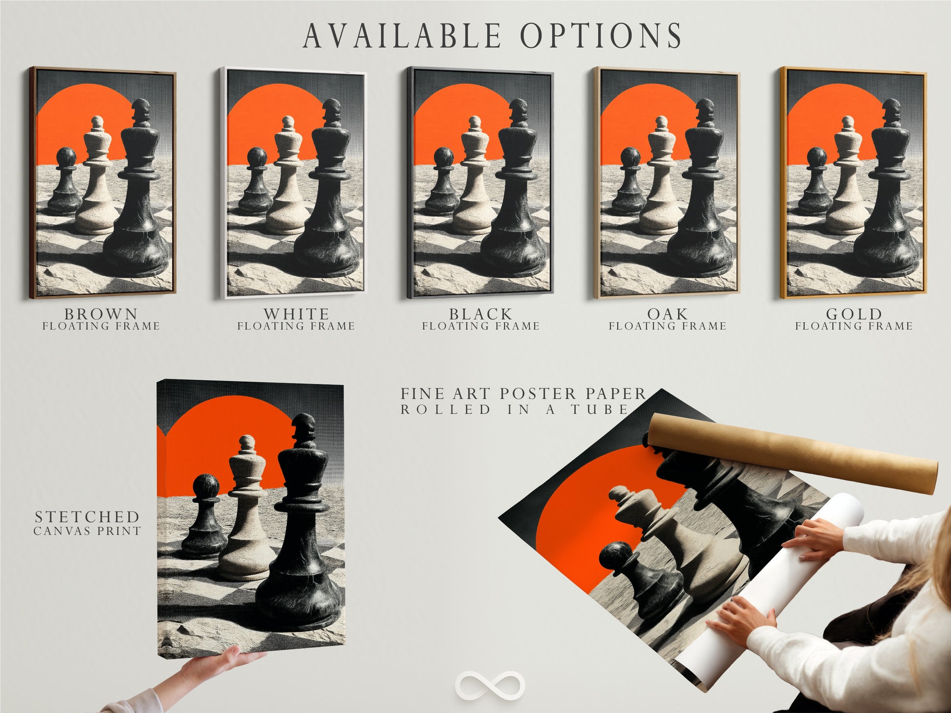 Available options include a stretched canvas print. Also available is fine art poster paper and a floating frame. Customers can choose the perfect format for their artwork. Each option offers a unique aesthetic and presentation. Customize your art to match your style and space. These options provide flexibility and creativity.