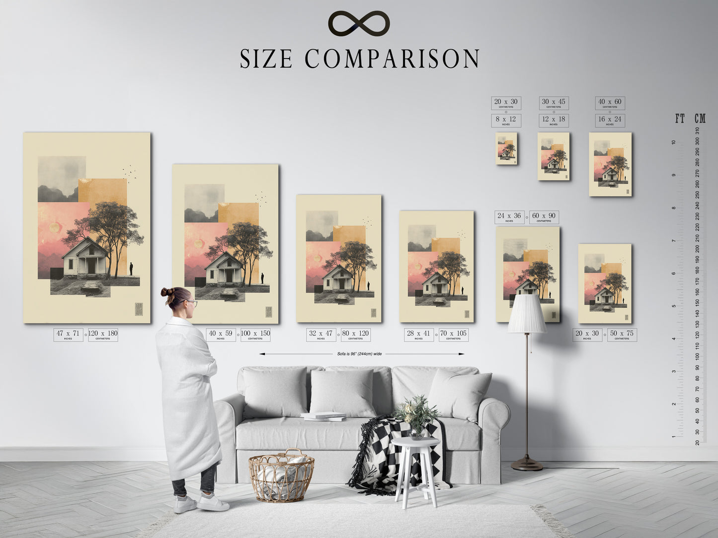 A size comparison chart is shown in an interior. This chart helps visualize artwork dimensions. It assists in choosing the perfect size. See how different sizes fit your space. This guide makes art selection easier. It ensures the best fit.