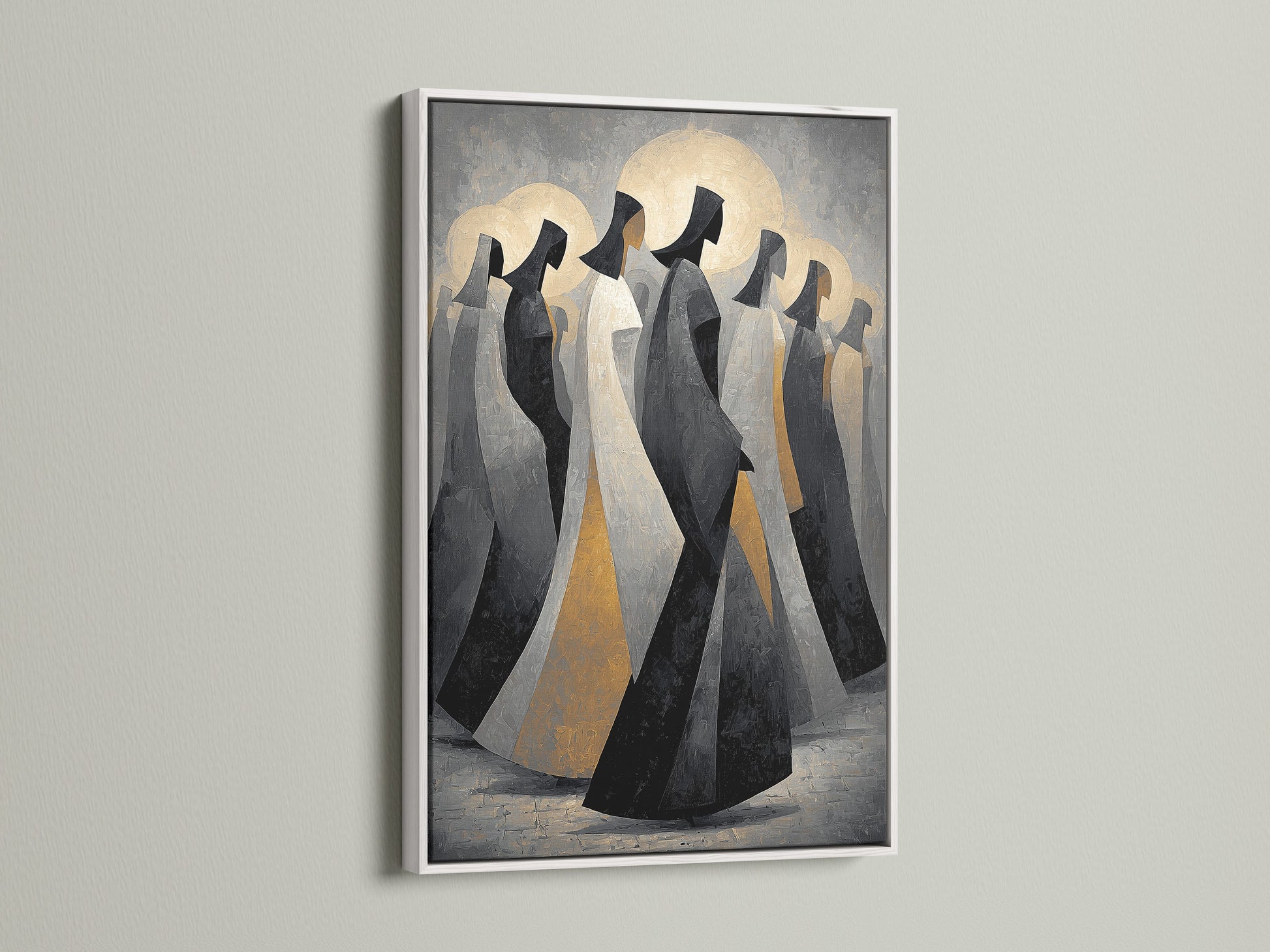 Abstract Hooded Figures art is displayed in a white frame. This modern canvas art makes a statement. The mysterious artwork adds a touch of elegance. It's perfect for your office wall decor.