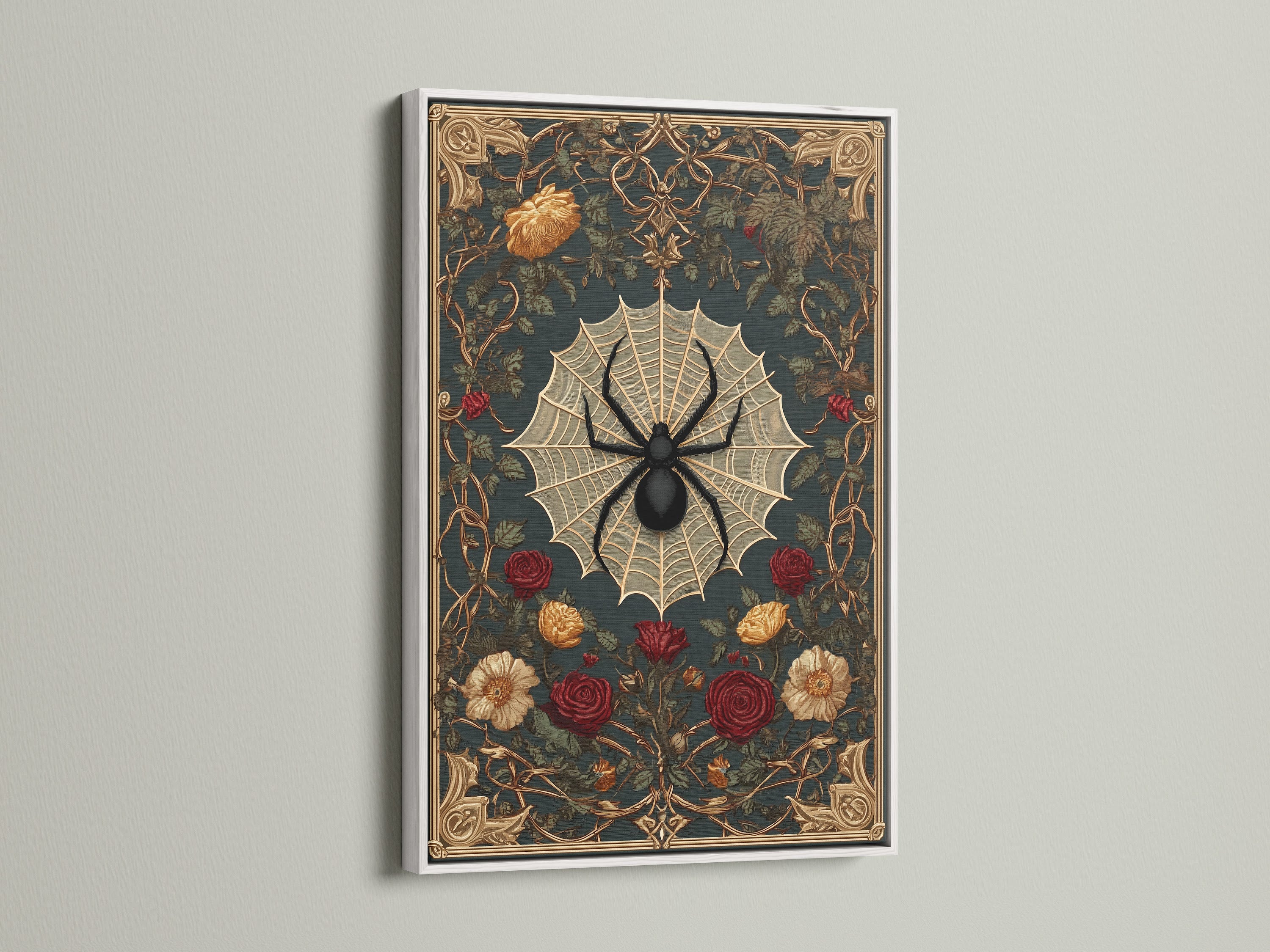 A white-framed artwork hanging on a wall. The artwork showcases a spider web and roses. The white frame gives a clean look. Ideal for modern spaces. The art enhances the room's aesthetics. A great choice for art lovers.