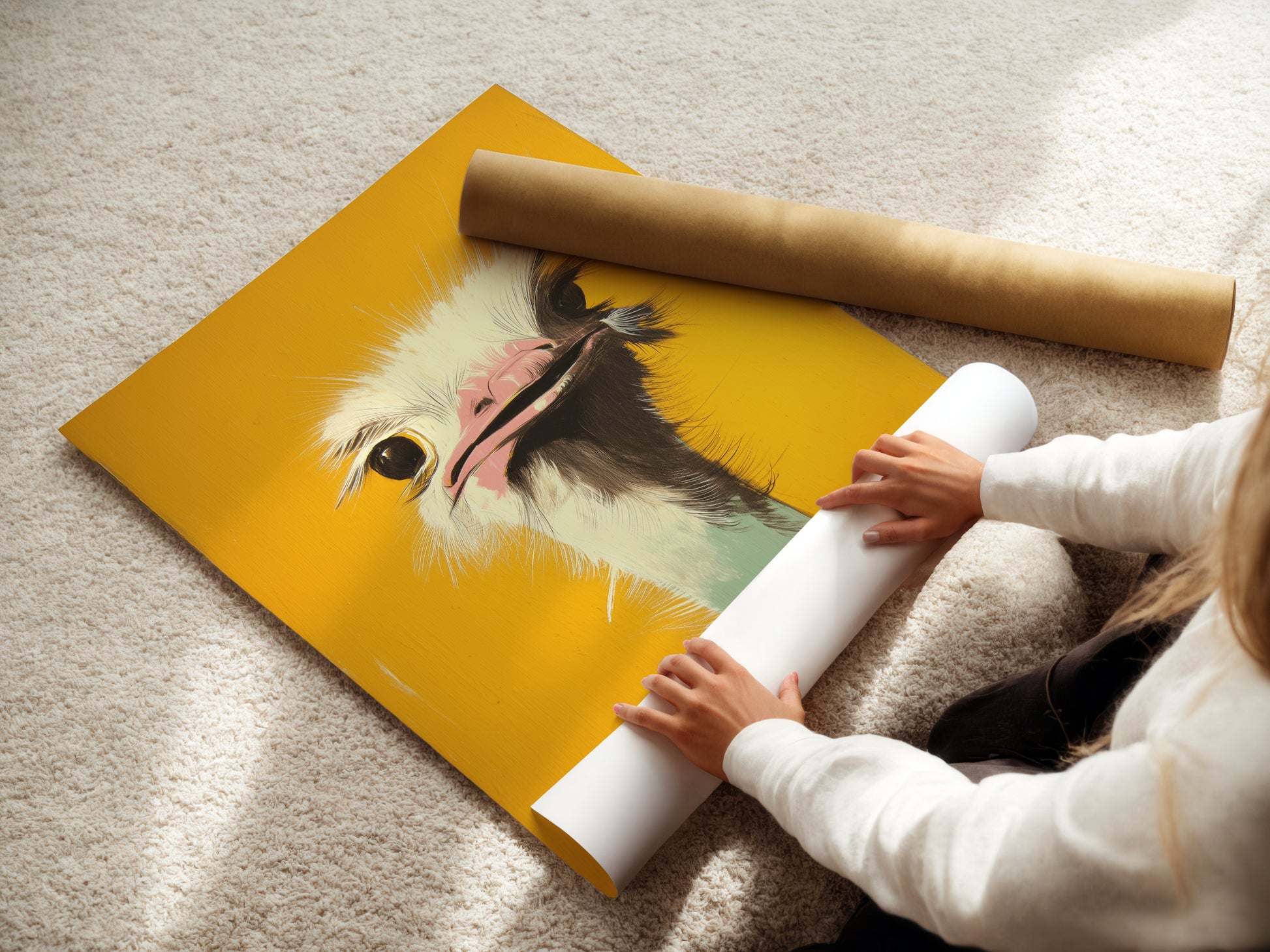 A woman is carefully rolling a fine art poster paper. The paper is high-quality and ready for framing. This ensures your art print arrives in perfect condition. Learn about fine art poster options.