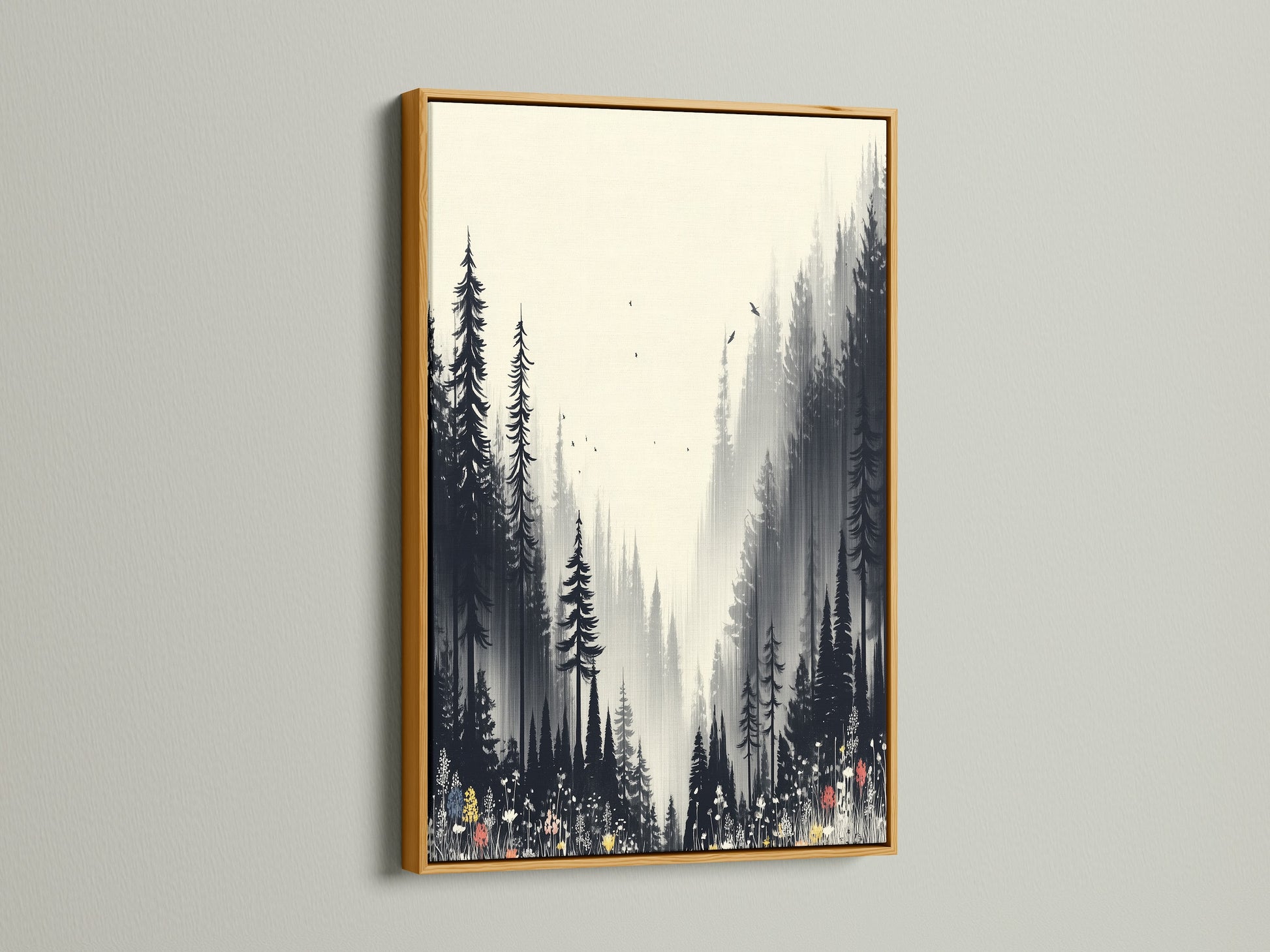 The forest canvas print is beautifully displayed in a gold frame. The black and white nature artwork adds sophistication. Ideal for creating an elegant bedroom decor. This monochrome art piece is versatile. It complements various interior styles. Discover nature wall art.