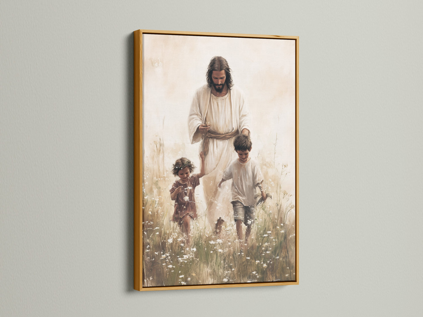 Artwork of Jesus Christ and children is elegantly displayed in a gold frame. The gold frame enhances the artwork's inspirational theme. This piece brings a touch of divine elegance to your home. Discover the luxurious touch of gold.