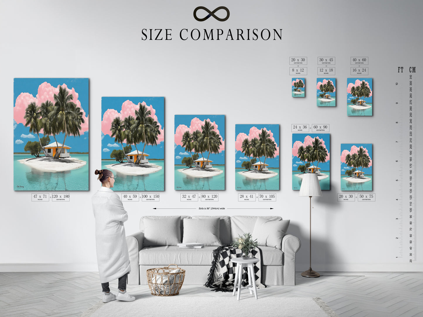 Visualize the perfect fit with our size comparison chart in a home interior. See how our coastal artwork enhances your living space. From small accents to large statement pieces we have the ideal size. Transform your home with our tropical island artwork.