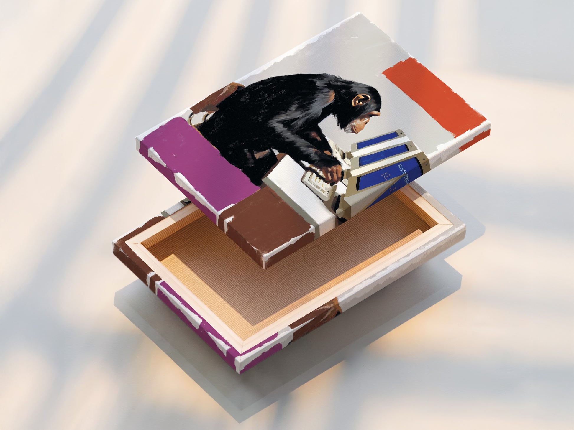 A stretched canvas print featuring a monkey at a computer. This humorous artwork is ready to hang. It is perfect for adding a quirky touch to your office decor. The stretched canvas ensures a gallery-quality look. This primate artwork is ideal for modern workspaces. Enhance your office with this unique animal canvas.