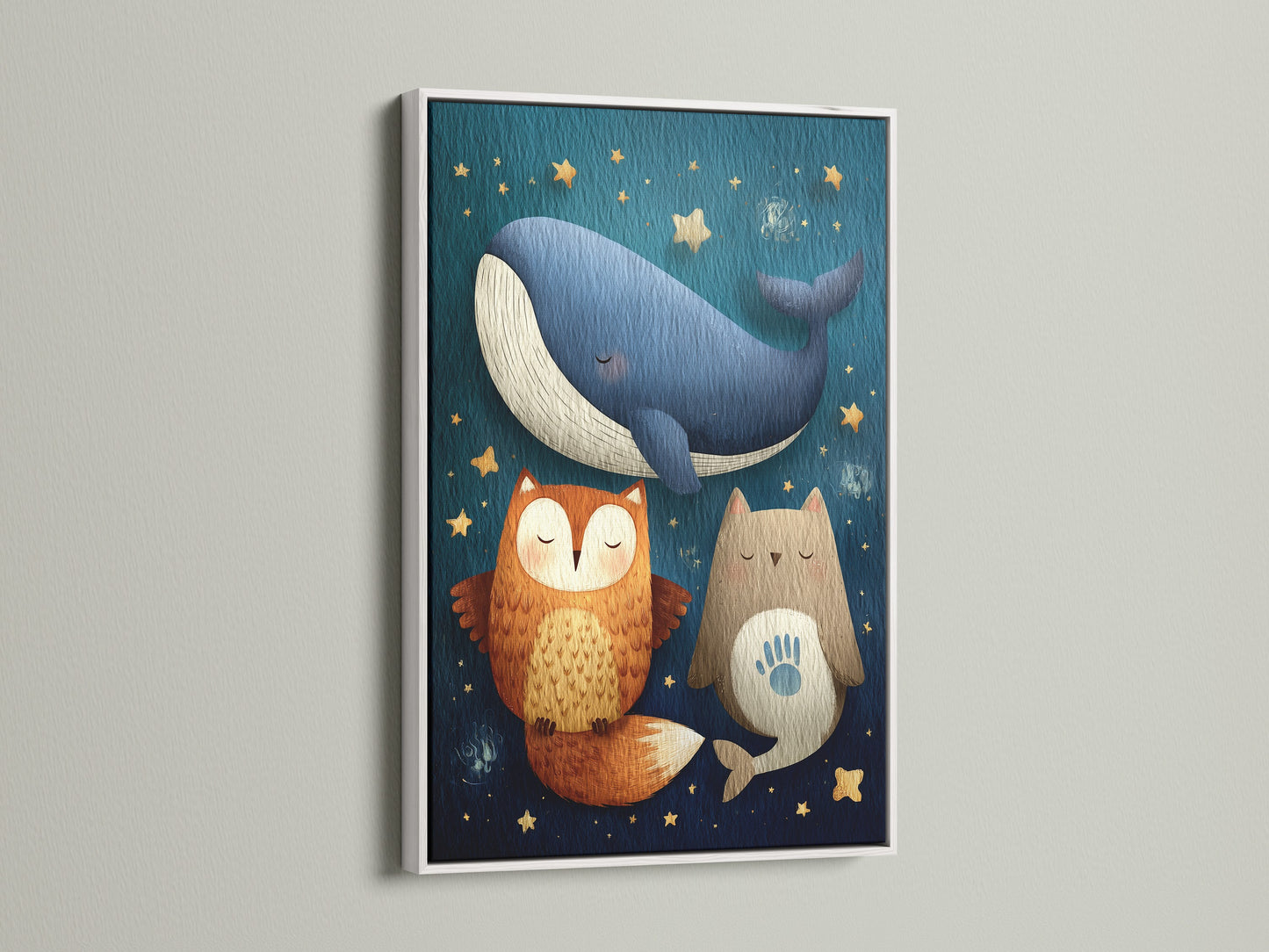 Delightful artwork featuring a whale fox and cat under a starry sky. This print is encased in a crisp white frame. The clean white border enhances the colors and details of the art. Perfect for a modern or minimalist interior setting.