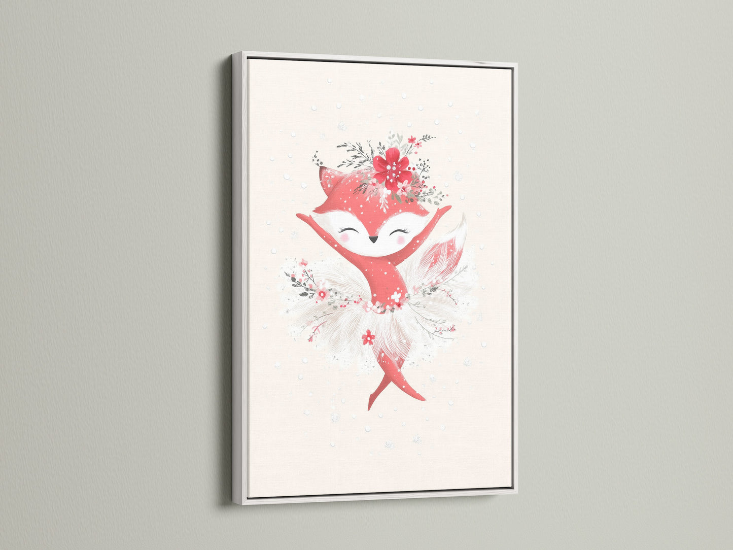 This image features a cute fox ballerina artwork framed in a clean white frame. The floral ballet poster enhances nursery prints and kid's wall art. It's a perfect piece for creating a loving and playful atmosphere in nurseries or playrooms with its Scandinavian-inspired aesthetic.
