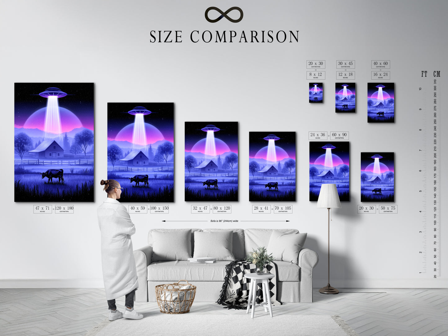 This is a size comparison chart in an interior setting. It showcases the available sizes for the UFO Abduction art. This helps you visualize the perfect fit for your wall. The sci-fi landscape will enhance any room. The cow art print is perfect for farmhouse decor.
