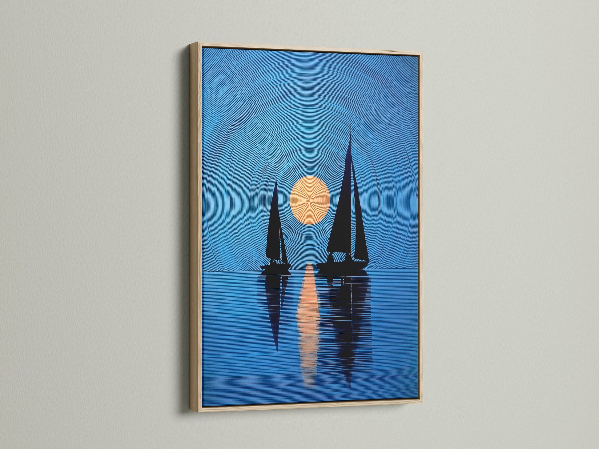 A close-up showcases a framed sailboat art print. The frame is oak. The nautical print has navy blue sailboats and a sunset. It is ideal for coastal wall decor. Perfect for homeowners and interior designers. This artwork complements minimalist or Scandinavian styles.