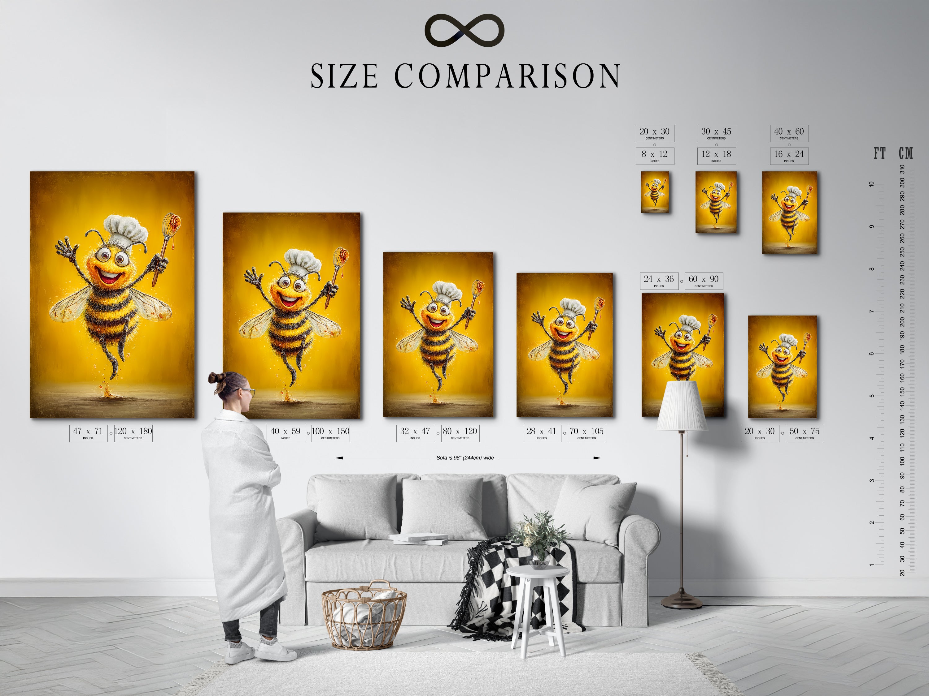 A size comparison chart showcasing the Chef Bee artwork in an interior setting. See how this cooking art print fits your wall. Visualize the bee canvas print in various sizes. Find the perfect fit for your dining room art.