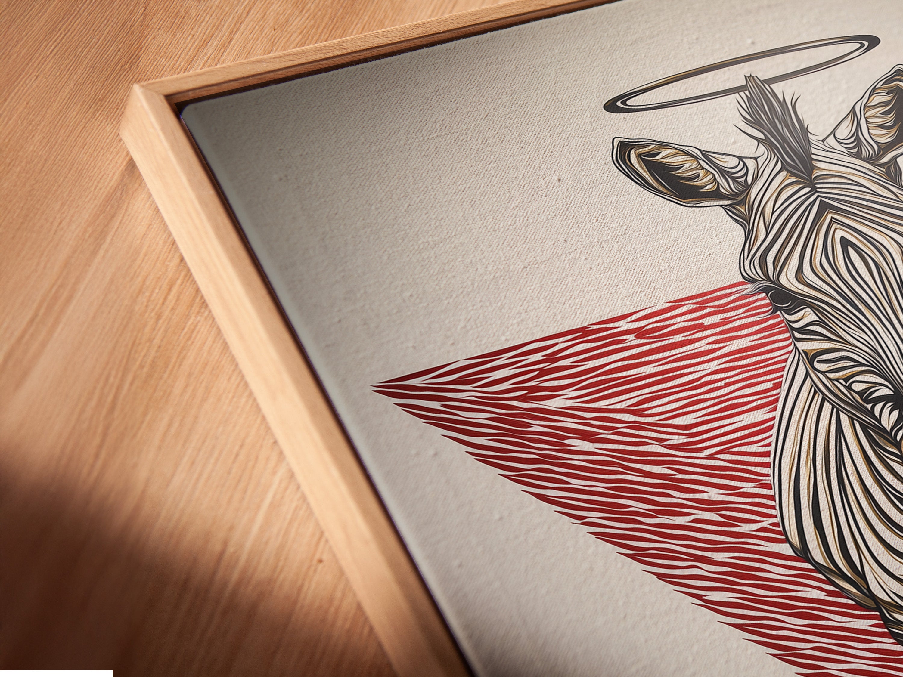 A close-up of a canvas print in a floating frame. The zebra sacred geometry art is beautifully displayed. The floating frame adds a modern touch. This red triangle canvas print is perfect for contemporary spaces and modern animal art lovers.