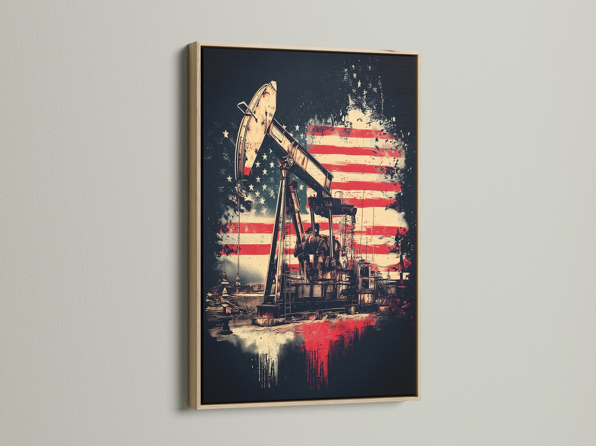 Oil Rig Canvas Print with an American Flag backdrop in an oak frame. The artwork combines industrial elements with American symbolism. Ideal for living rooms offices man caves garages and studies. A unique piece of vintage-style Americana decor. Perfect for integrating patriotic wall art.