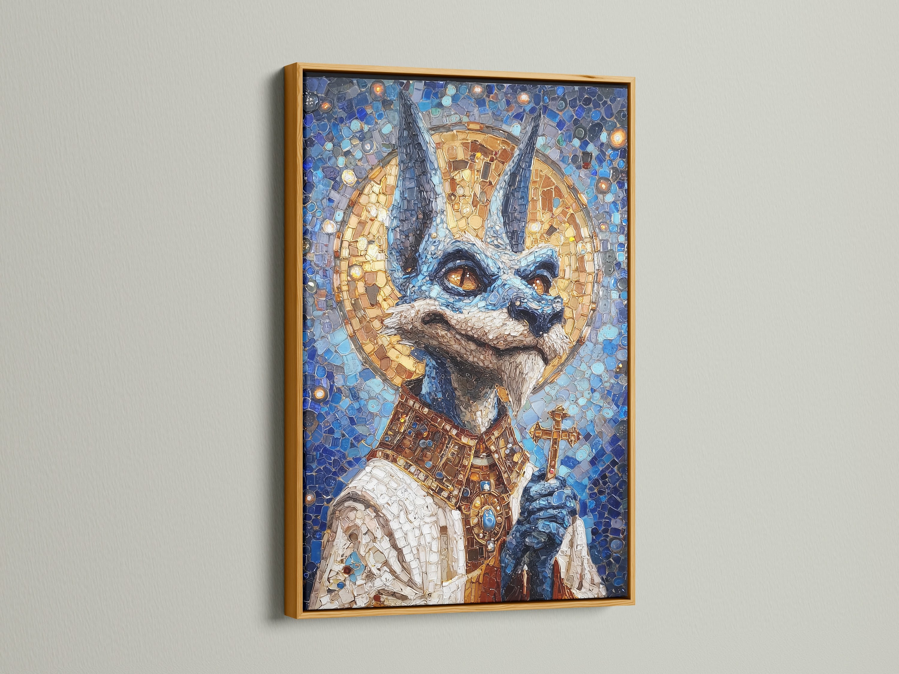 Anubis Mosaic Artwork Print with a gold frame. The artwork is an Egyptian God Wall Art piece. It features blue and gold religious imagery. Perfect gothic art for clinics. The gold frame enhances its elegance. It elevates vintage styles.