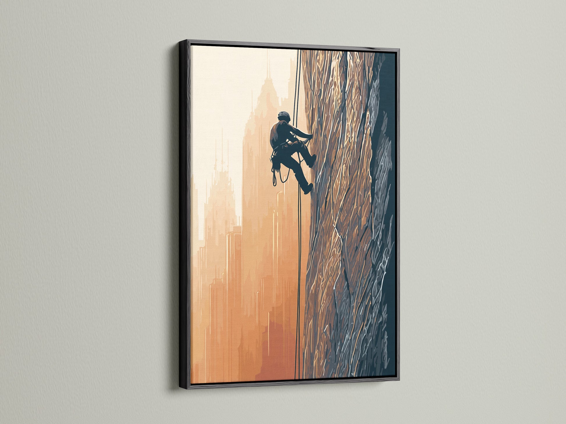 The rock climbing artwork is showcased in a black frame. The dark frame makes the colors pop. This sport wall art is great for gyms. The outdoor canvas brings adventure indoors.