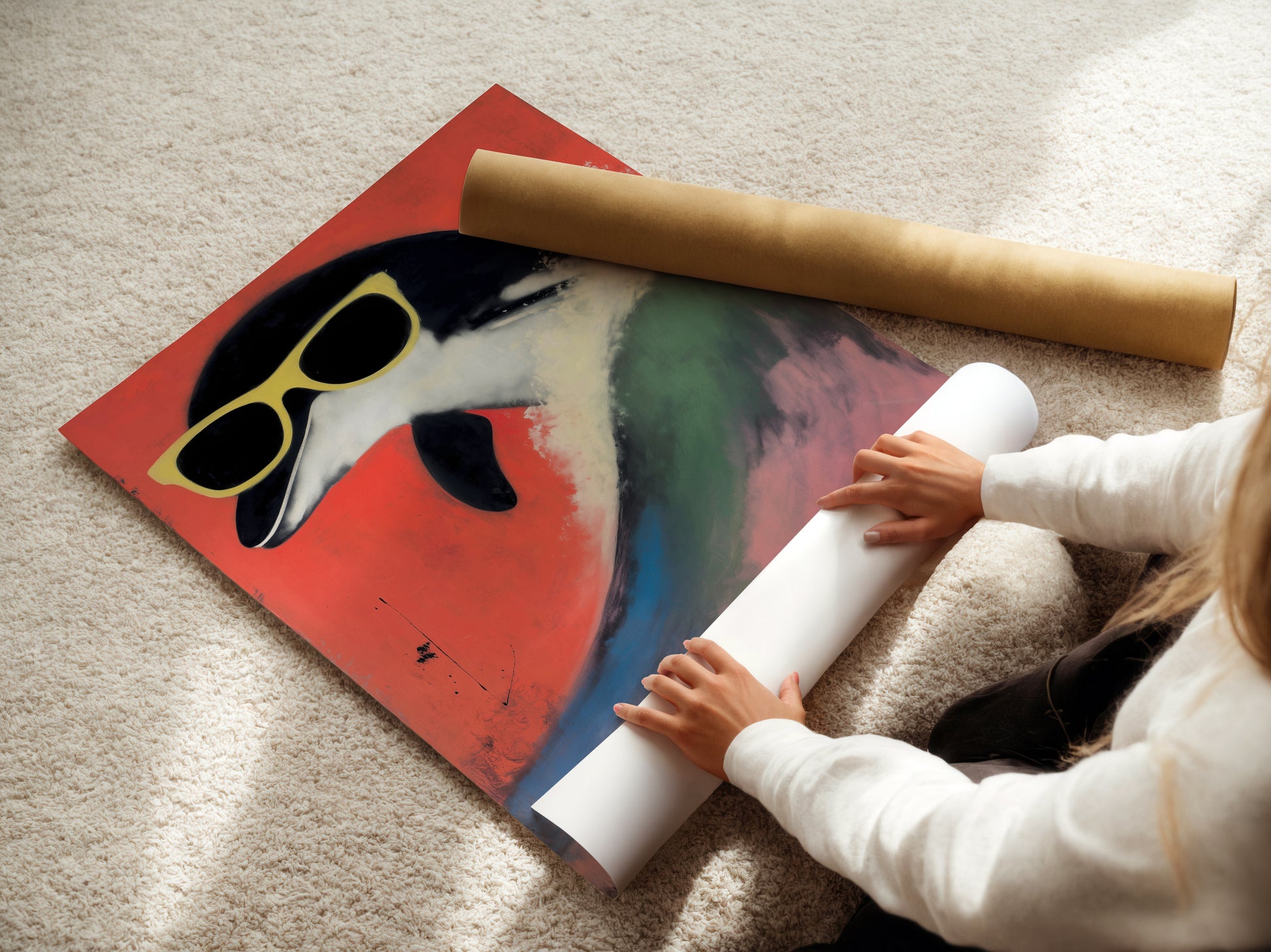 A woman rolls a fine art poster paper of a retro penguin artwork. This cool animal print is ideal for creating playful kids room decor. The quirky bird art features sunglasses against a red backdrop. This high quality poster paper ensures a vibrant and long lasting display. Perfect for adding a fun touch to any space with this colorful bird art.