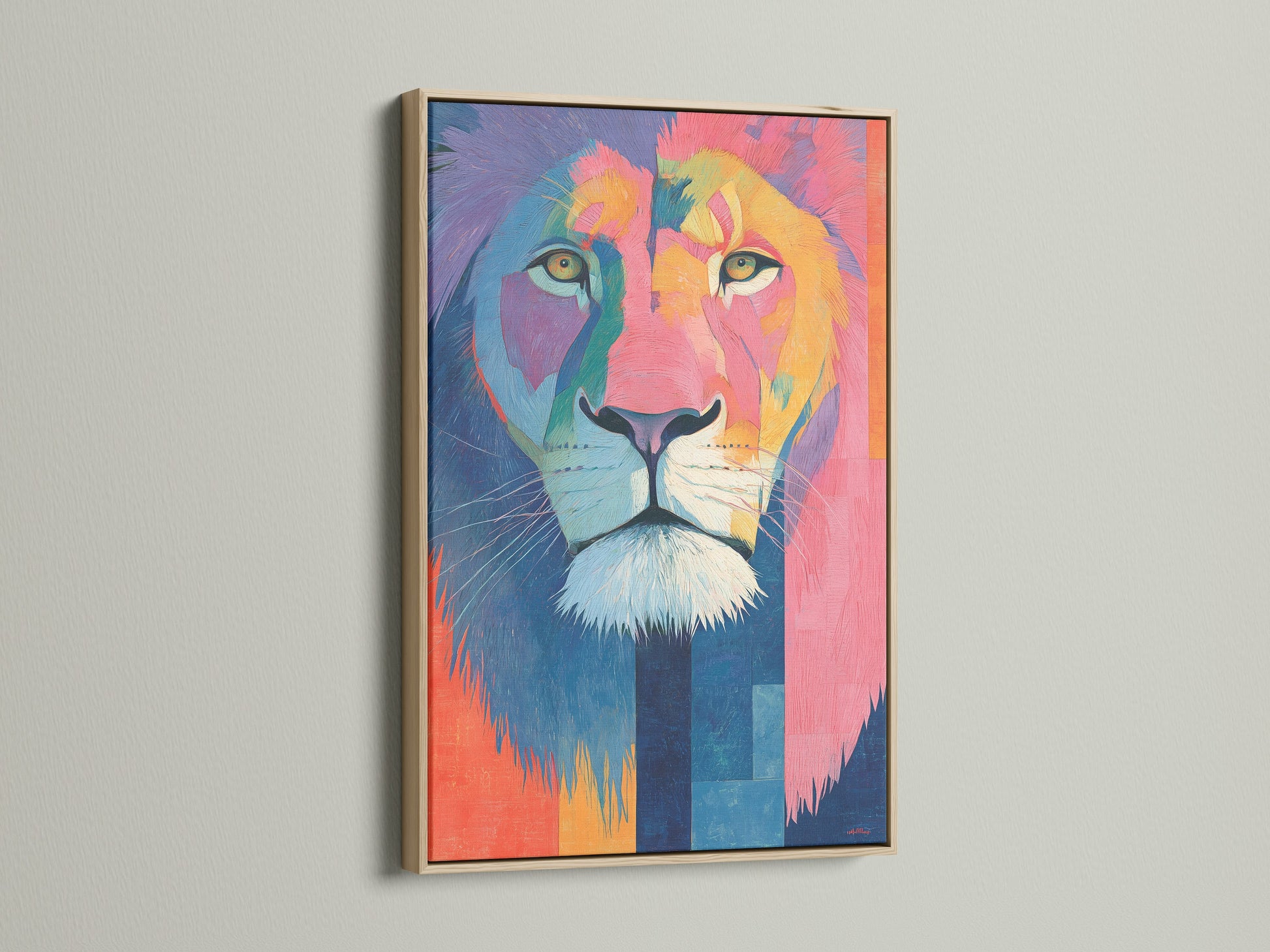 A vibrant lion artwork is beautifully presented in an oak frame. The oak frame enhances the artwork. It brings a touch of natural elegance. Discover how an oak frame can transform your favorite prints.