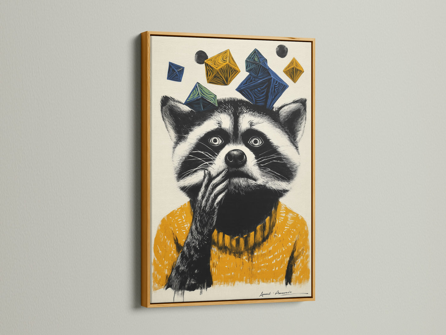 A sophisticated raccoon artwork is showcased in a gold frame. The whimsical animal art features a raccoon wearing a mustard yellow sweater. Blue and yellow geometric shapes add a modern twist. This animal portrait art is perfect for adding a touch of elegance to a nursery or kids room. Bring woodland creatures to your walls.