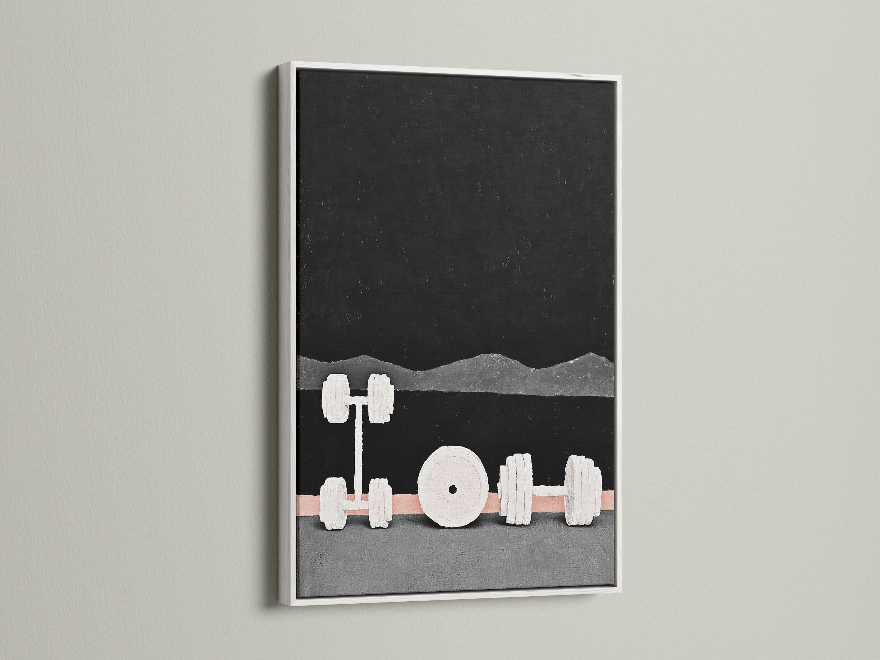 A white frame showcases modern gym weights artwork. This fitness wall art features an abstract dumbbell design. The white frame complements any gym decor. It is a perfect gift for fitness fanatics. The clean white look brightens up your workout space. It's a stylish print.