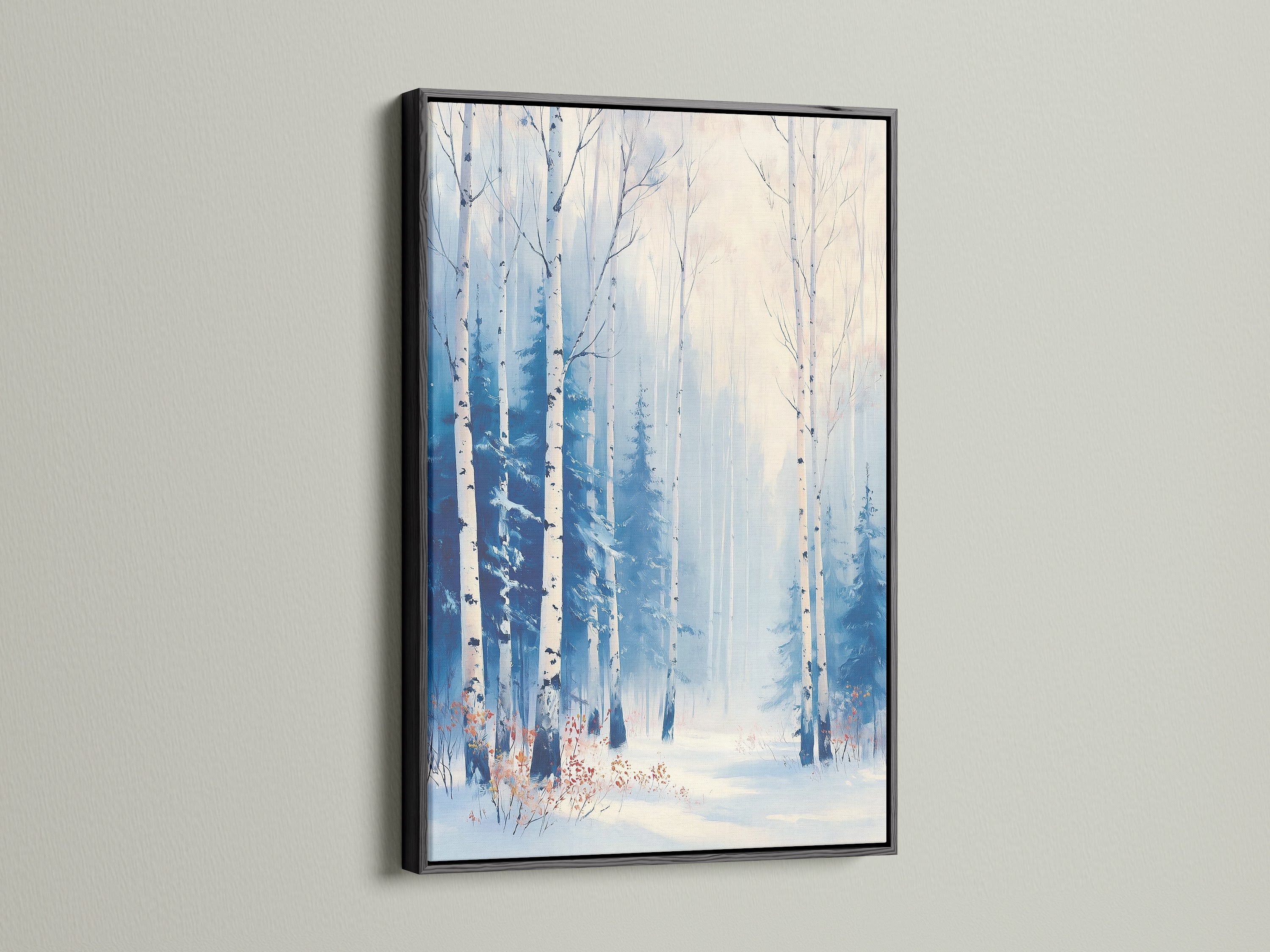 Winter forest artwork in a black frame. This snowy birch tree print will enhance any space. Bring nature indoors with this scandinavian style. Perfect for winter wall decor.