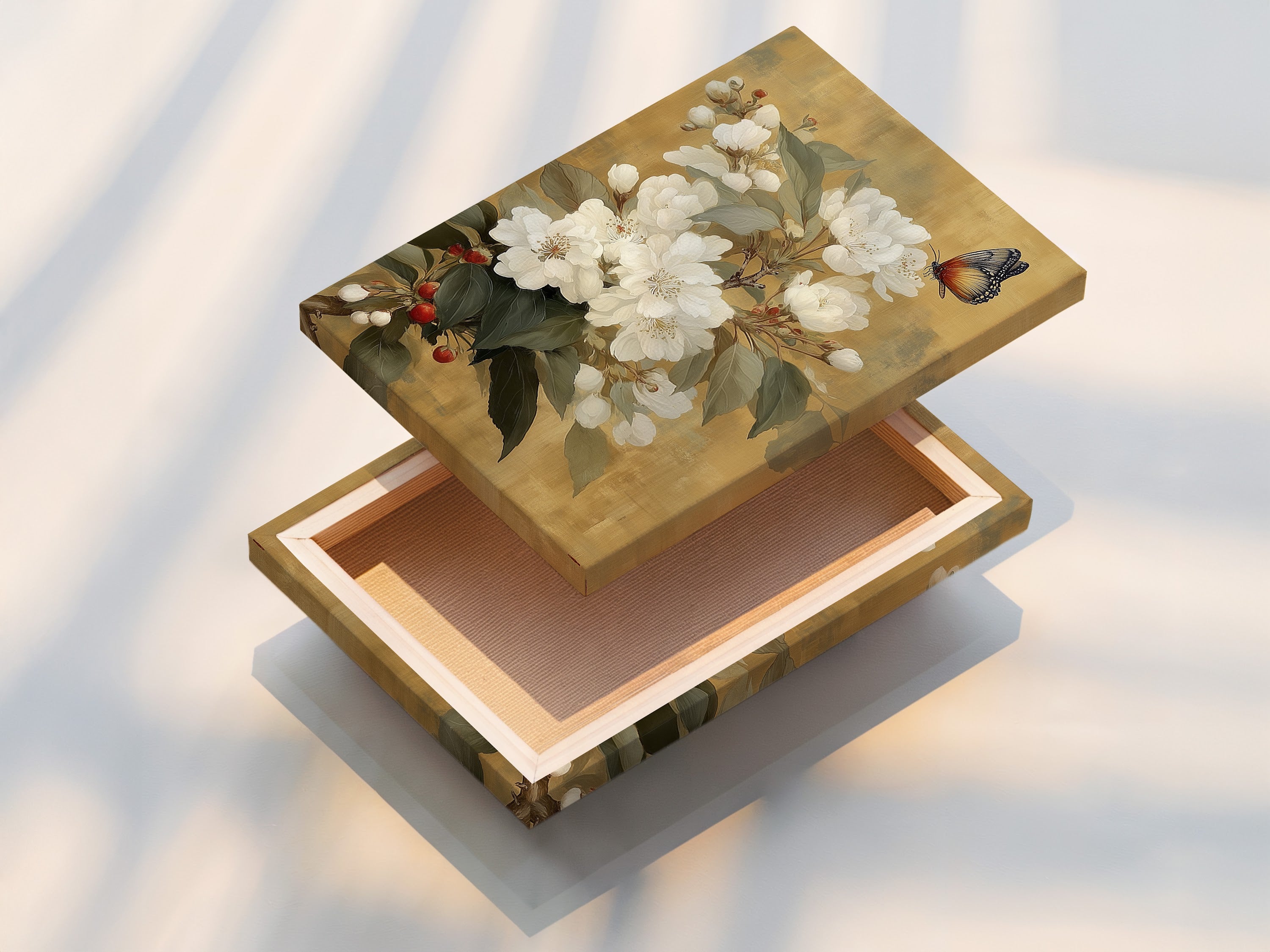 A stretched canvas print of vintage botanical artwork. White flowers and a butterfly are beautifully displayed. Ready to hang and elevate your wall decor. Ideal for creating a focal point in your living room or bedroom. This canvas print brings a touch of nature indoors.