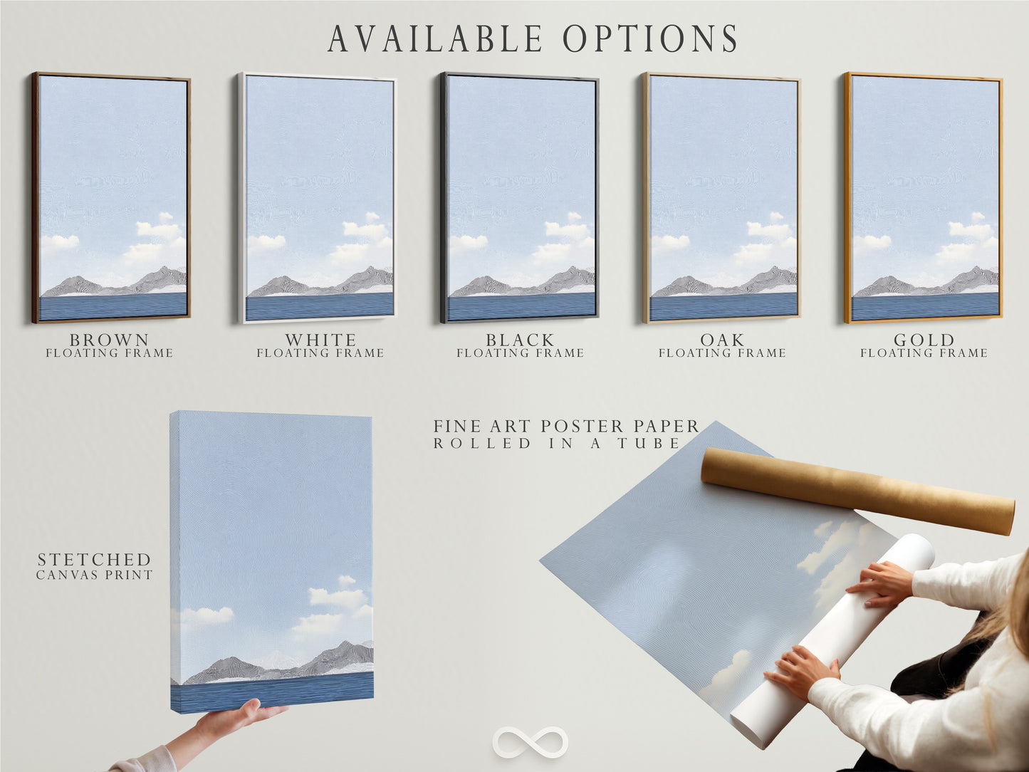 Explore available art options. Choose from stretched canvas prints fine art paper. Select a floating frame. Customize art to fit your personal style. High-quality materials and framing available here.
