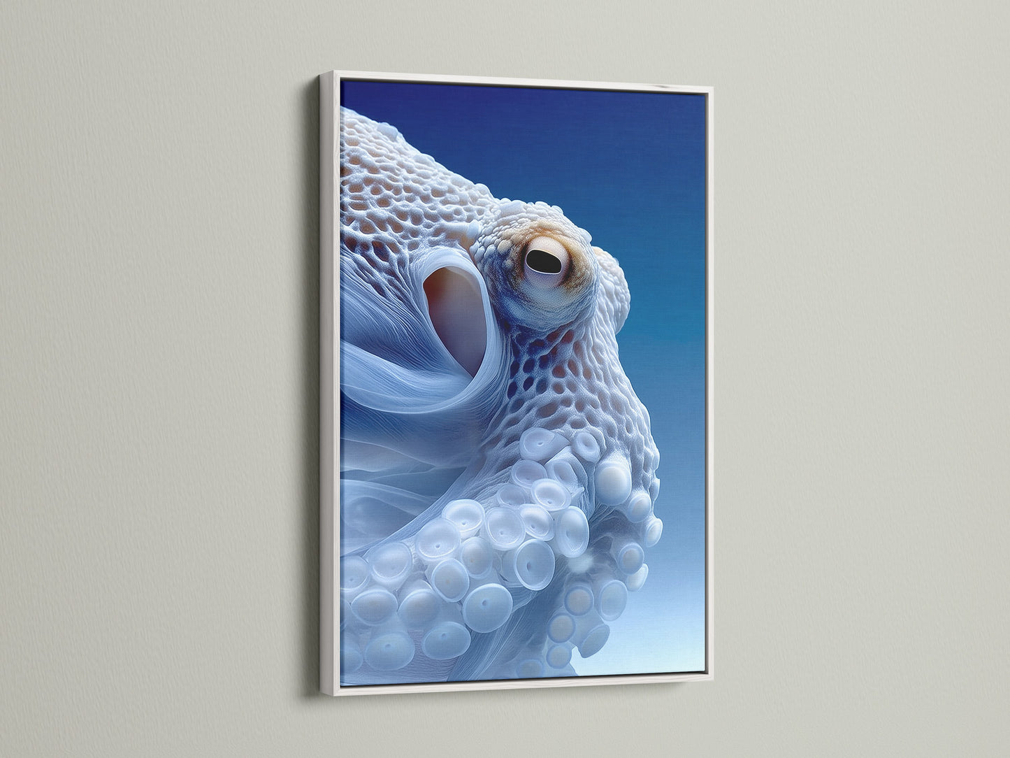 This striking octopus art is framed in a clean white frame. The contrast enhances the abstract ocean artwork. It brings a fresh coastal vibe to any room. This sea creature art is perfect for bathroom decor. Add a touch of nautical charm to your home.