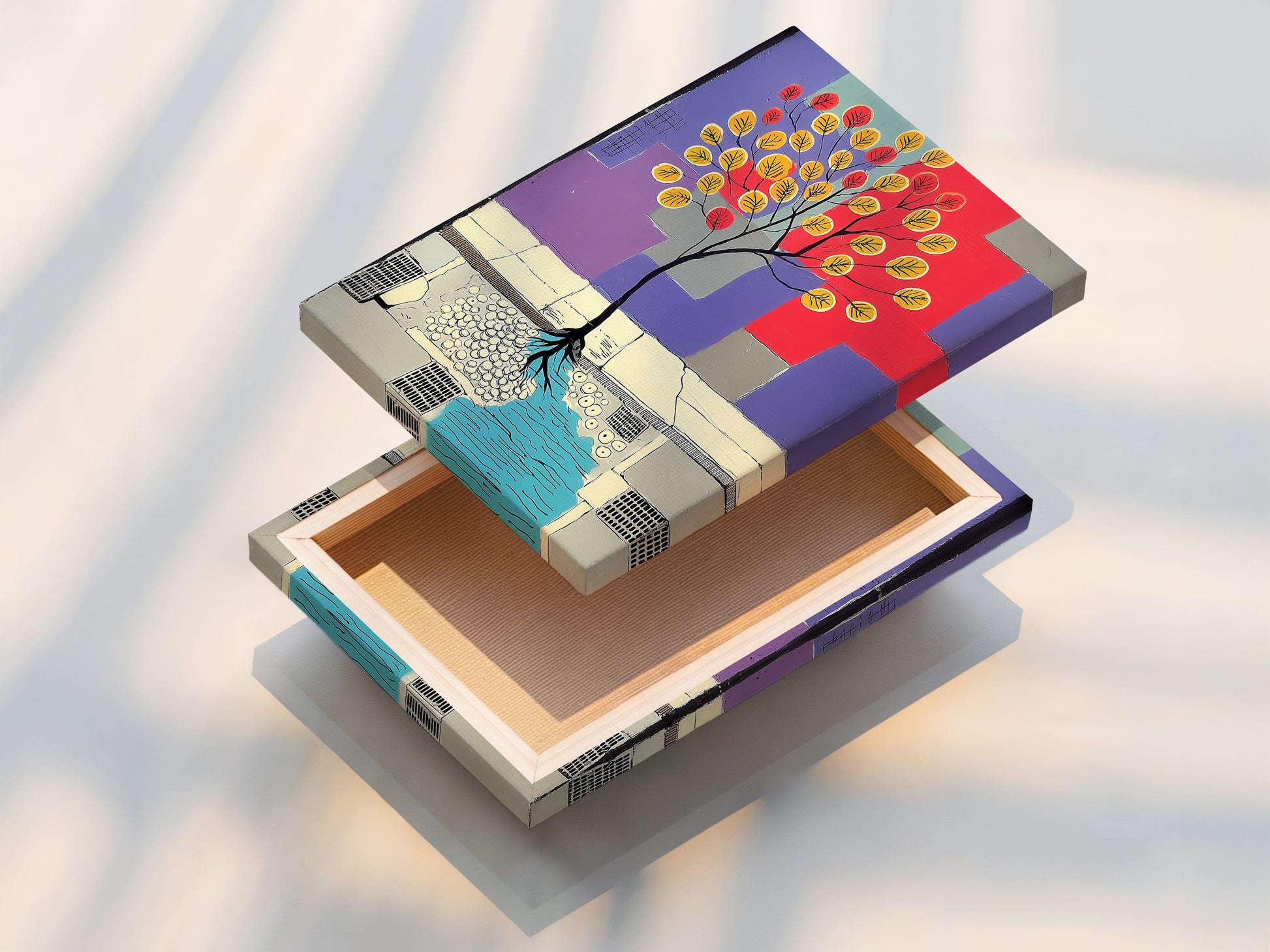 A stretched canvas print showcasing the Abstract Tree artwork. The stretched canvas provides a gallery-ready look. Perfect for living rooms offices and studios. This colorful geometric art adds a modern touch. It will enhance any wall with vibrant colors.