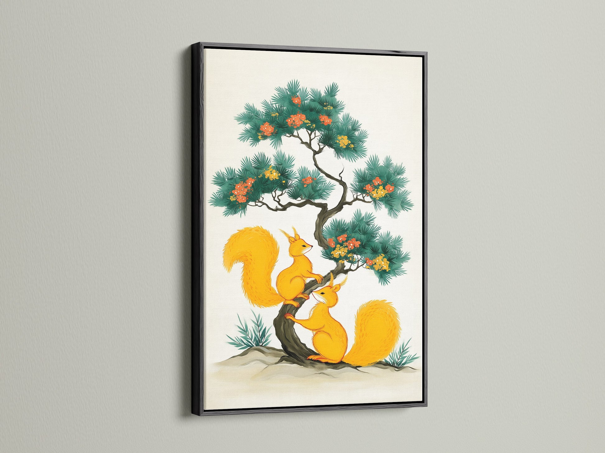 Elegant squirrel artwork featured in a black frame. This nature wall art is a perfect addition to a kids room. The whimsical animal artwork brings a touch of the forest indoors. Great for Scandinavian minimalist or botanical-themed decor. Add a cozy feel to your home today.