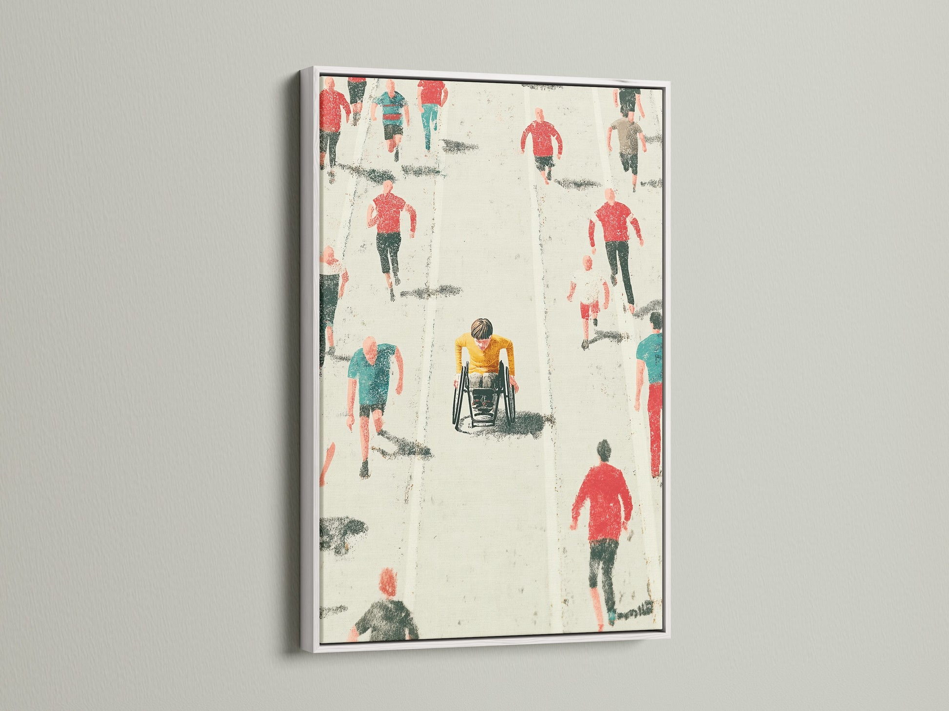 Marathon Runners artwork with a white frame. The artwork shows a wheelchair racer in a marathon. This contemporary artwork enhances any room's aesthetic. It is a great choice for adding a modern touch to your home or office. It represents athleticism and determination.