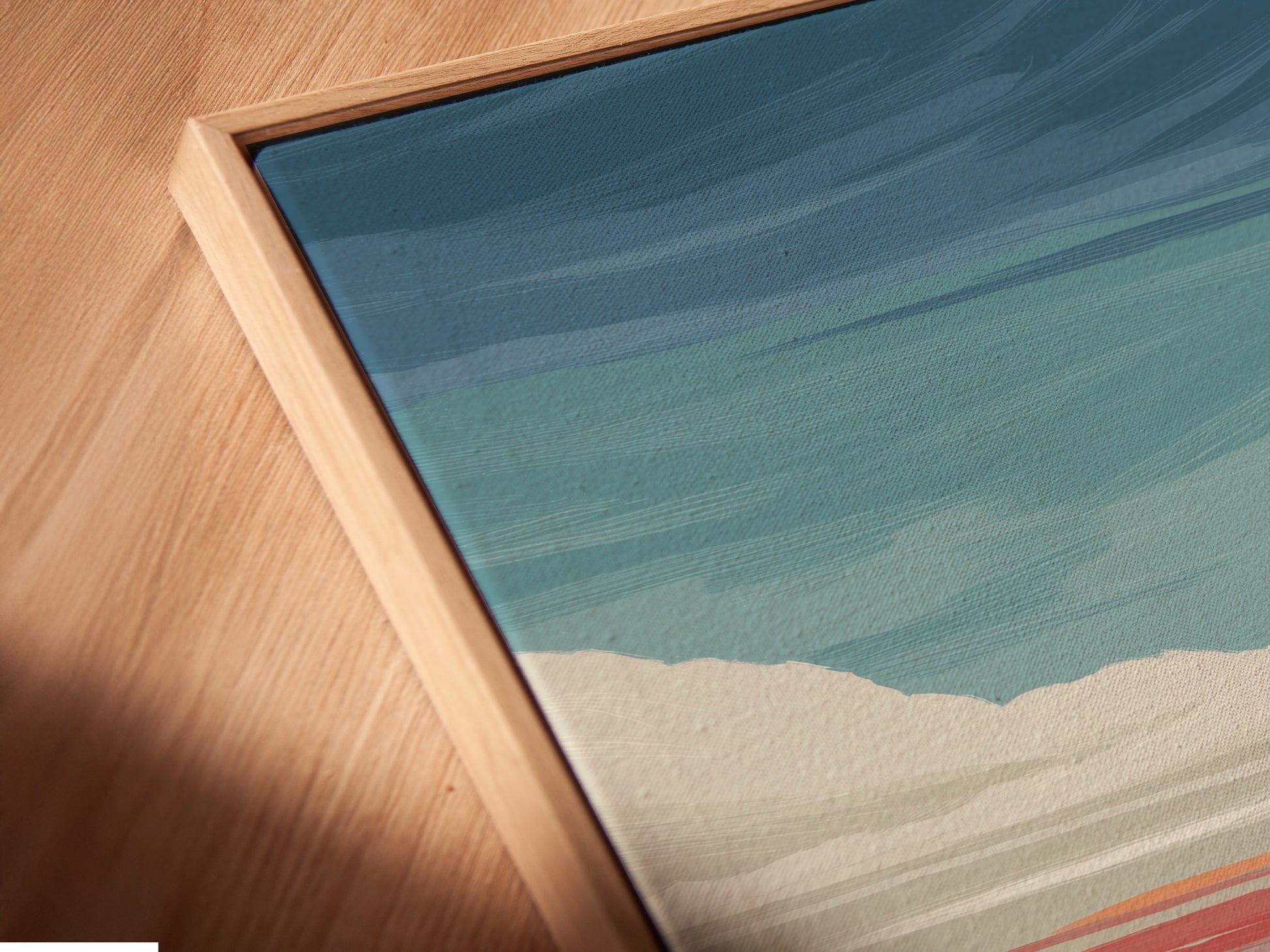 A close-up of a canvas print in a floating frame. The art features a rooster and barn landscape. This farmhouse style adds charm to any room. The floating frame gives a modern look to the artwork. Its perfect for any wall.