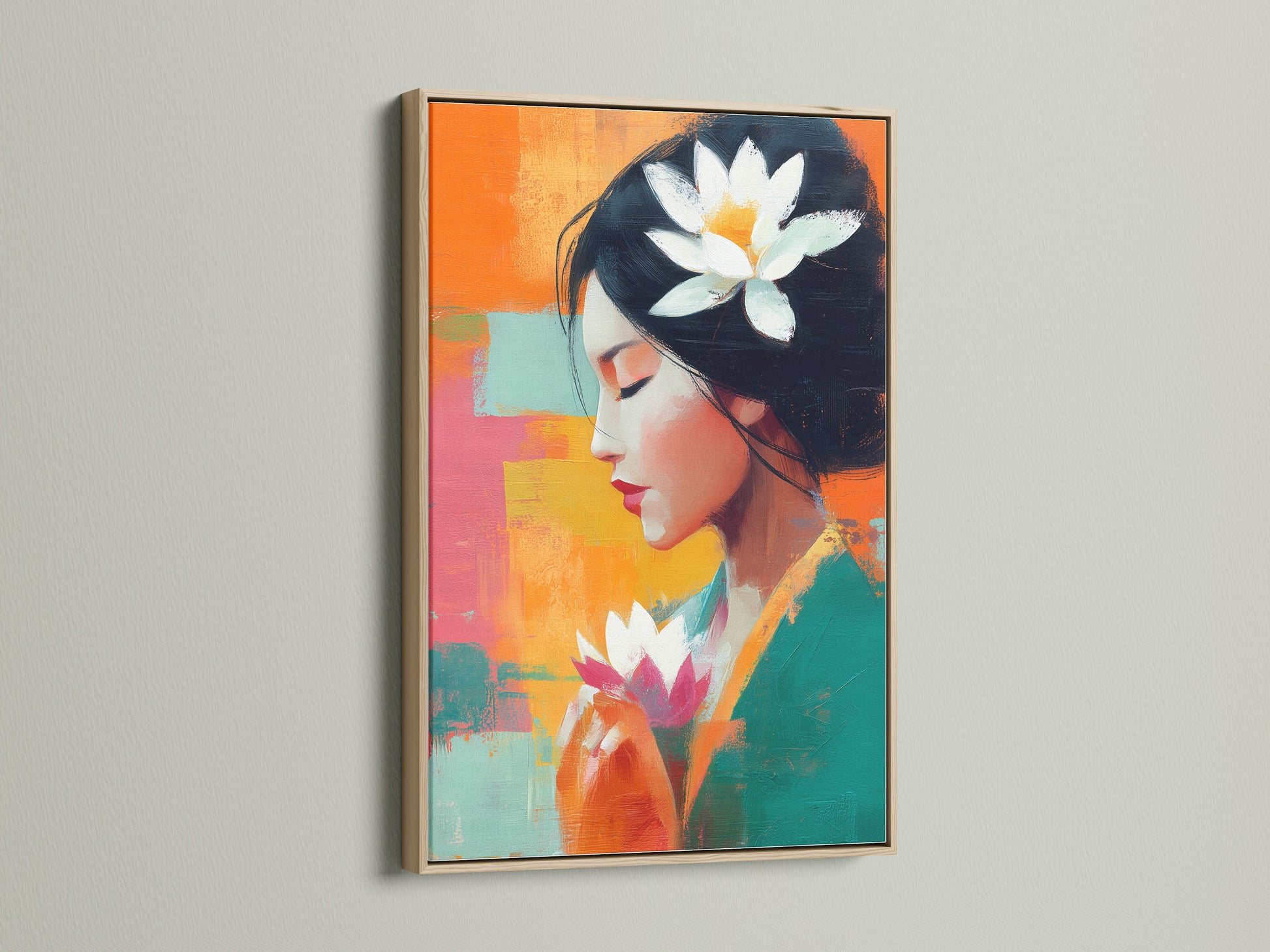 A calming lotus flower woman artwork is showcased in an oak frame. The zen wall art is perfect for adding a touch of serenity to your living space. The artwork features a colorful abstract portrait on canvas enhancing meditation room decor.