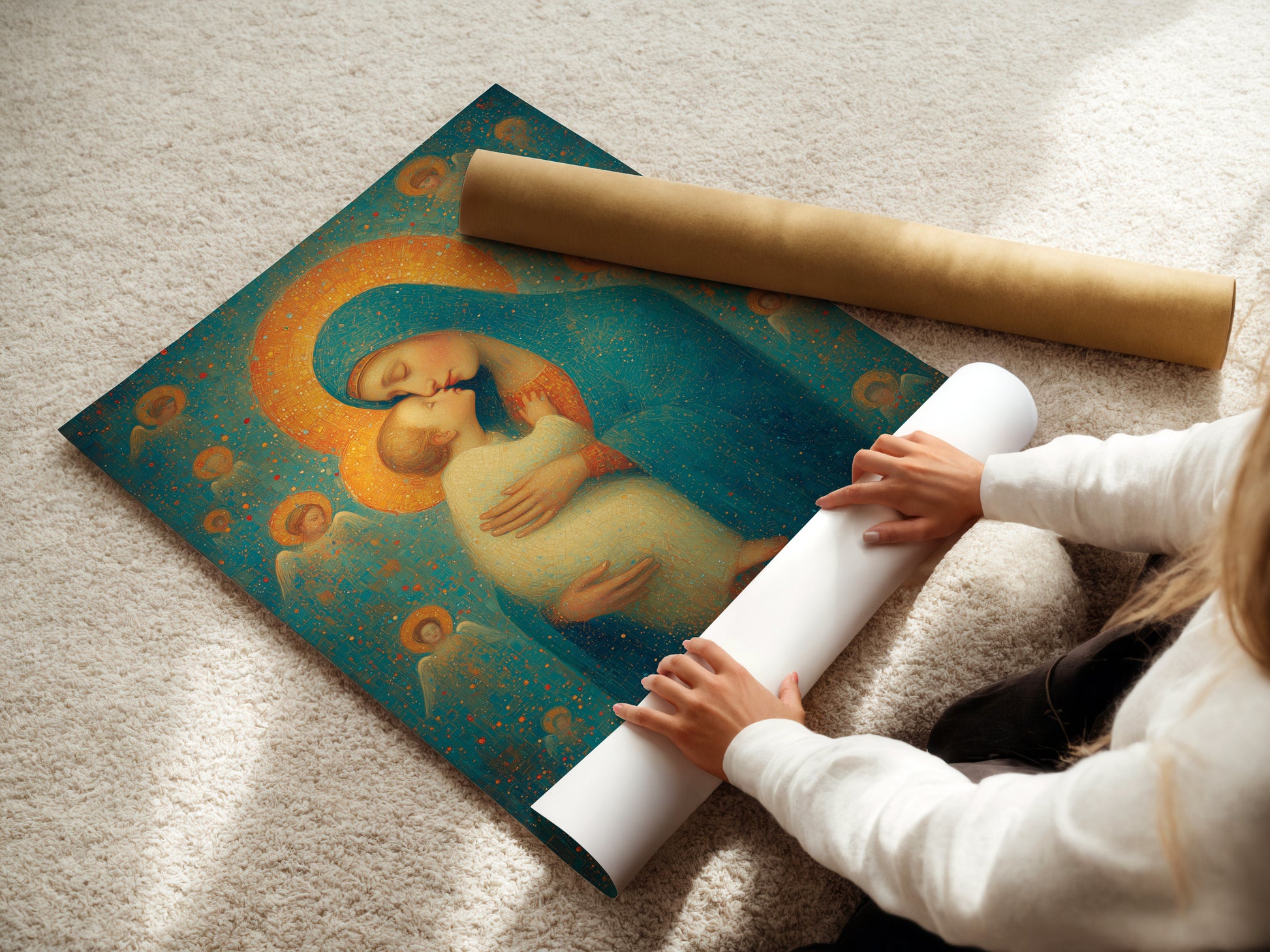 A woman carefully rolls a fine art poster paper. High-quality fine art poster paper being prepared. The paper is ready to be displayed. Explore our range of fine art poster paper options.