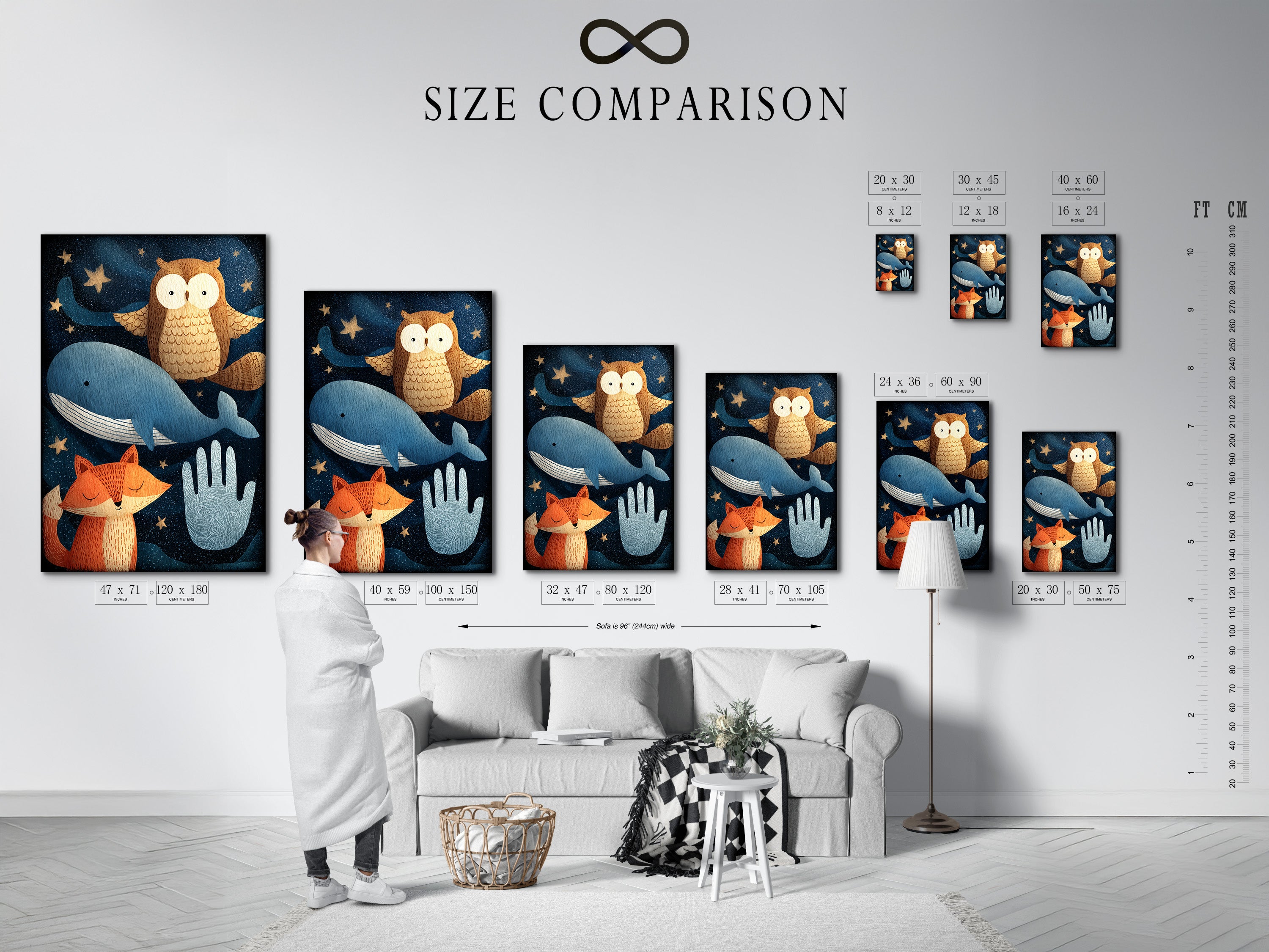 A size comparison chart is displayed in an interior setting. This chart shows various print sizes in a room. Helping you visualize the perfect fit for your space. Use our size chart to confidently select the ideal dimensions for your artwork. Ensuring a harmonious addition to your home decor.