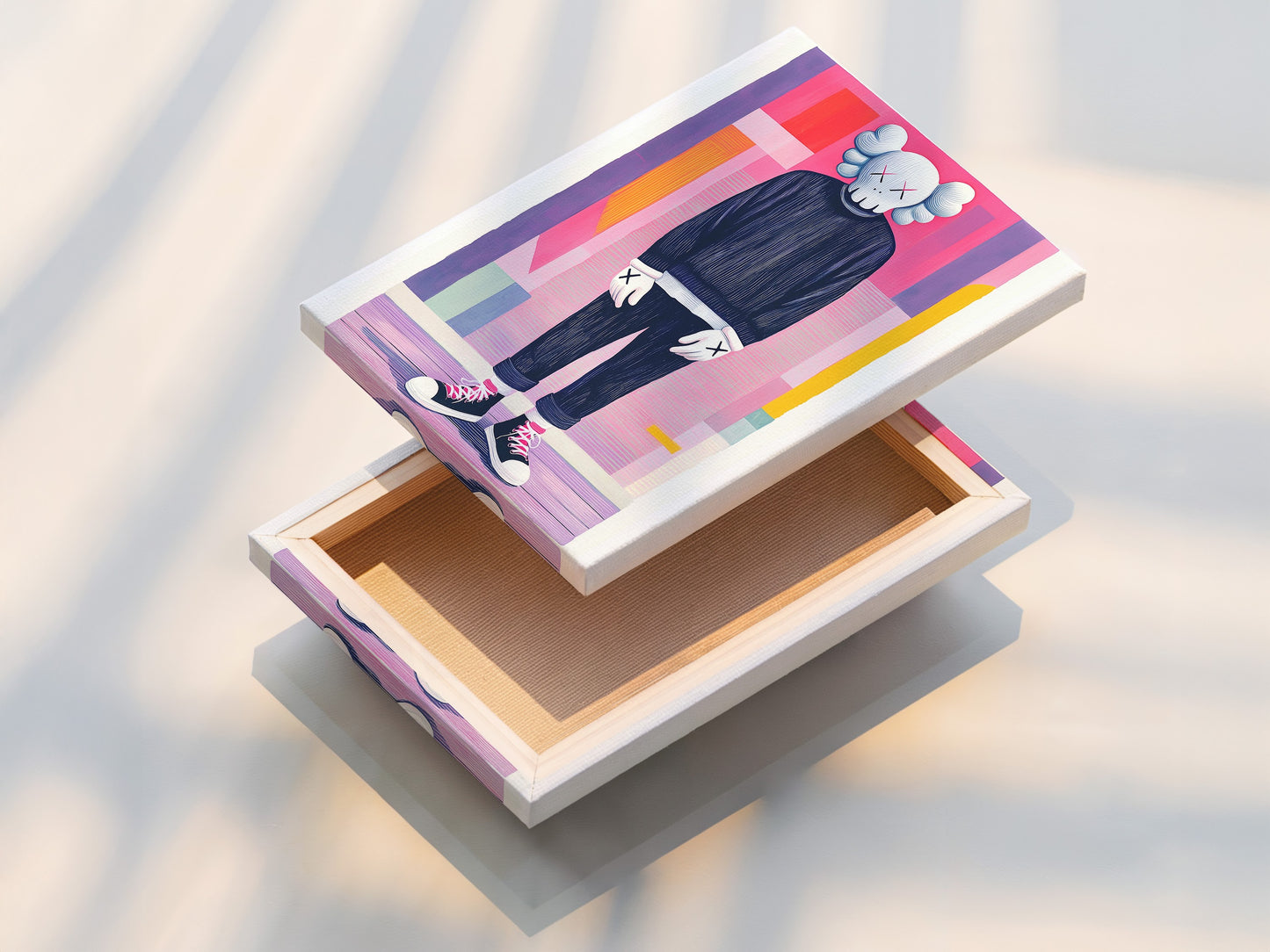 The stretched canvas print showcases the artwork's texture. The canvas is tightly wrapped. The artwork is mounted on a white wall. This provides a gallery-ready look. The stretched canvas enhances the artwork's colors. It adds a tactile dimension to the image.