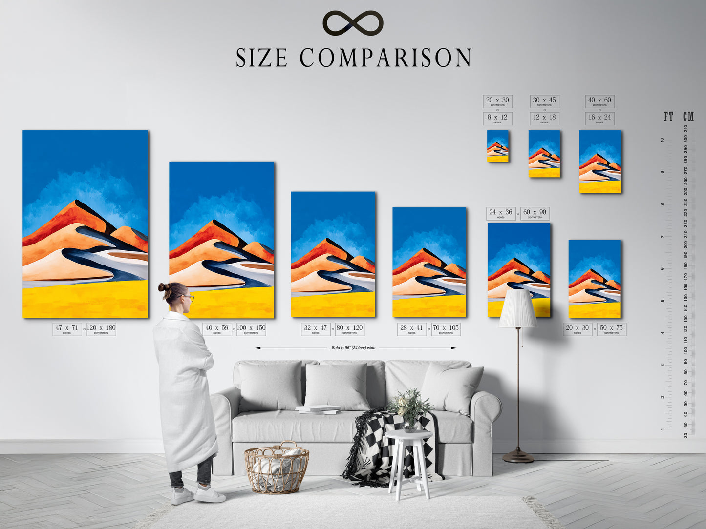 Visualize the perfect fit with our size comparison chart in an interior setting. See how our Abstract Desert Landscape artwork complements your space. The chart helps you choose the ideal size for your living room bedroom or office. Make an informed decision with our helpful guide.
