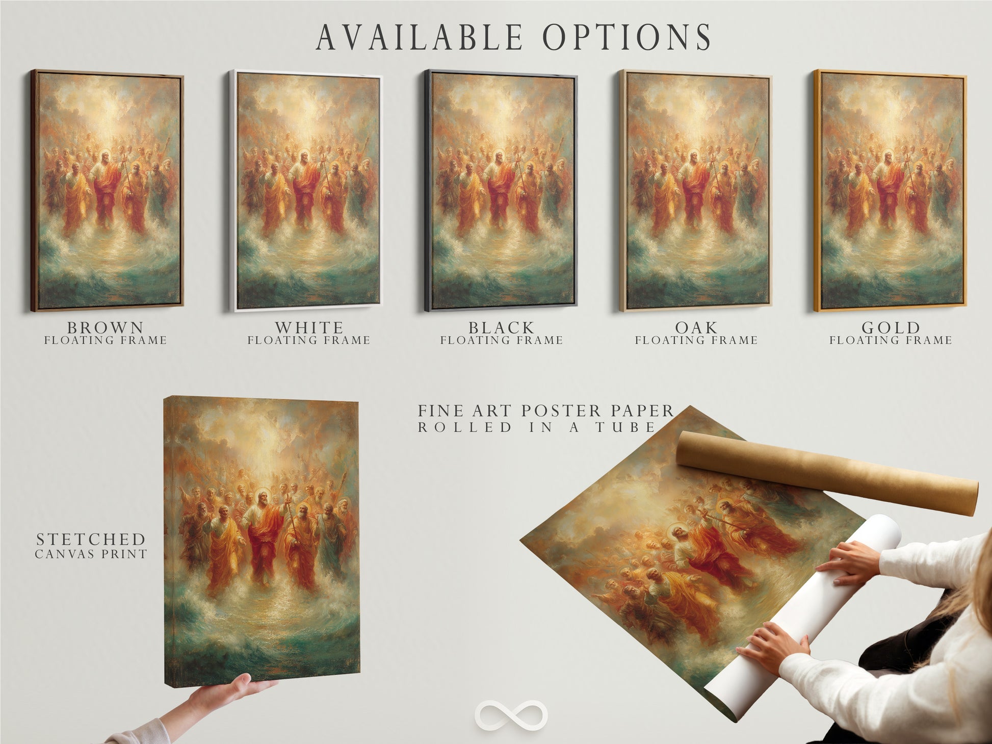 Explore available options for this religious artwork including a stretched canvas print a fine art poster paper and a floating frame. This artwork features Jesus Christ with Apostles. Customize your spiritual home decor to reflect your personal style and faith.