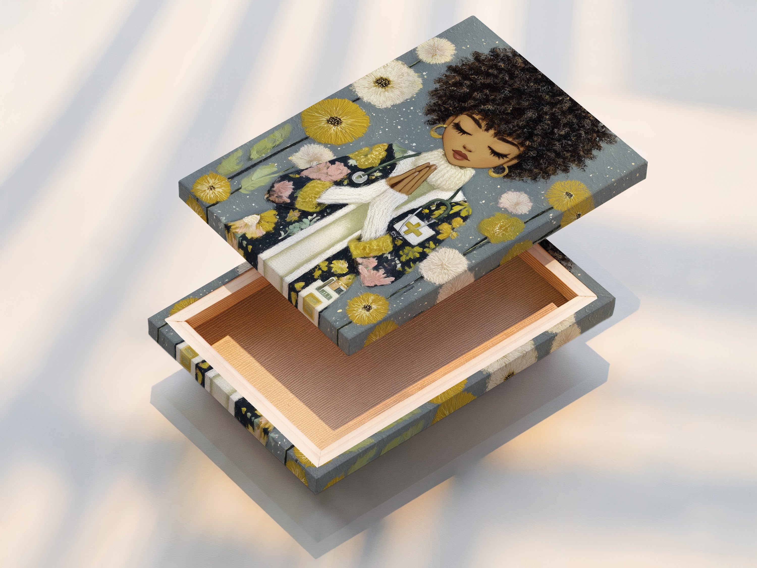 A stretched canvas print of the Black Girl Prayer Art Print is displayed. This African American spiritual wall art is ready to hang. Perfect for adding inspiration and cultural artwork to your space. Elevate your decor today.