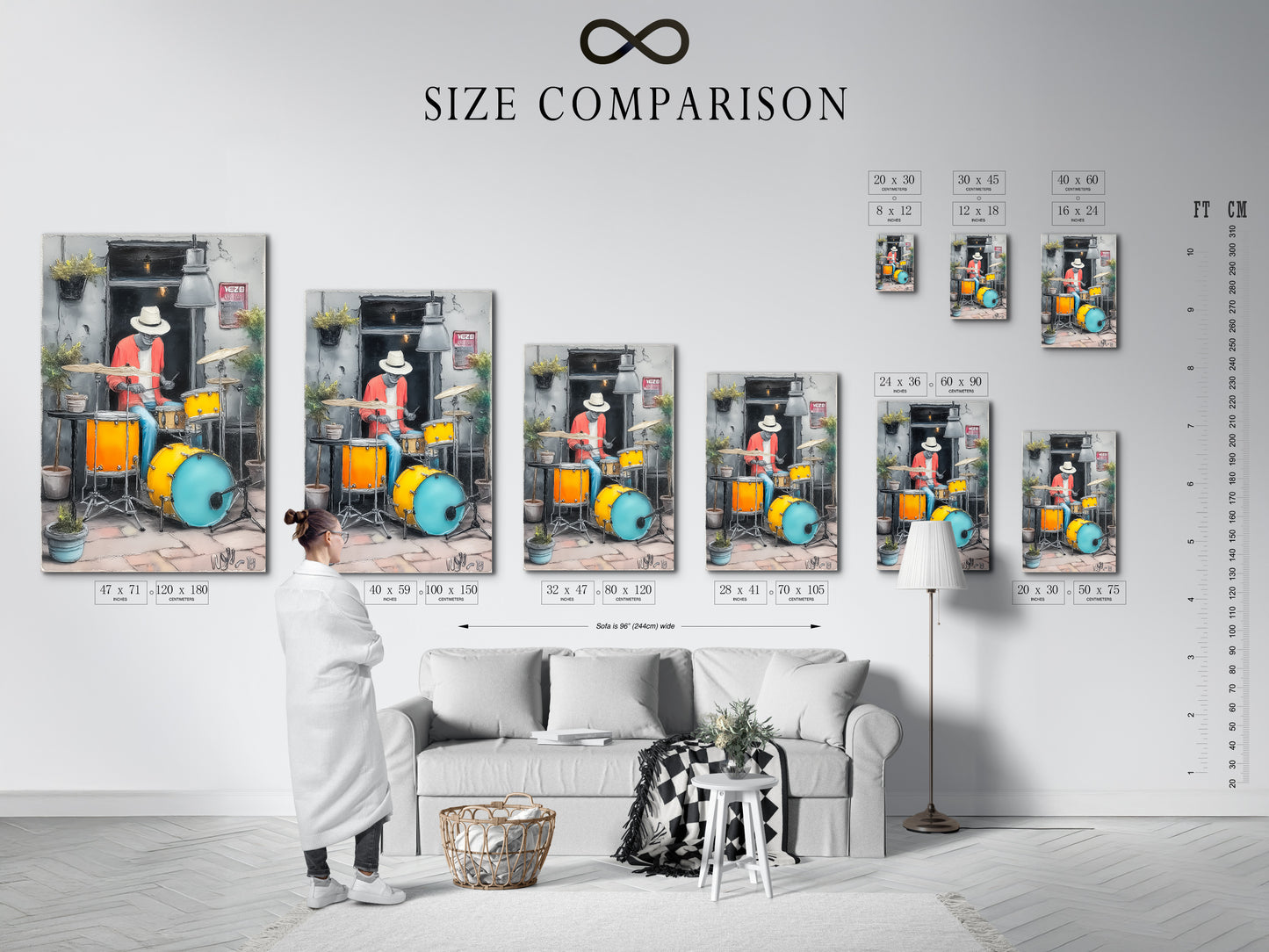 Size comparison chart of the Jazz Drummer artwork in an interior setting. See how this modern musician artwork fits in any room. The urban art print is perfect for home owners. Visualize your new jazz art print.