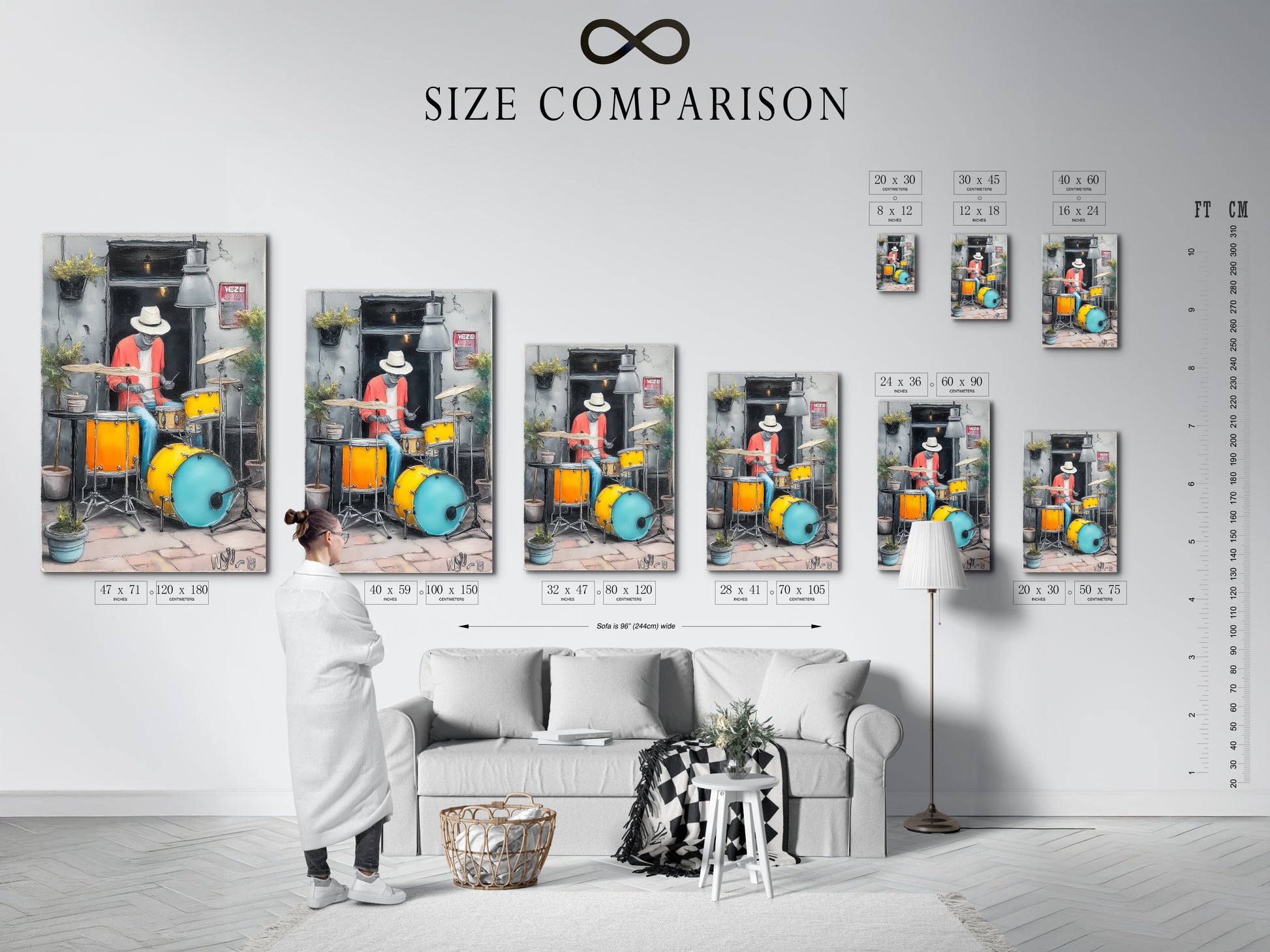 Size comparison chart of the Jazz Drummer artwork in an interior setting. See how this modern musician artwork fits in any room. The urban art print is perfect for home owners. Visualize your new jazz art print.