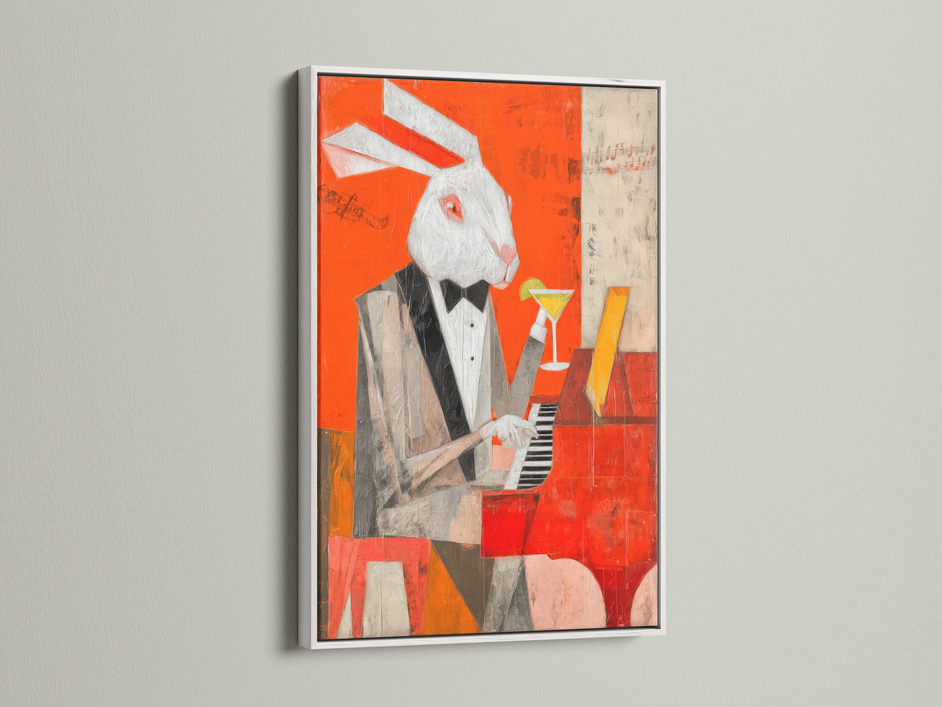 The rabbit pianist canvas print is showcased in a white frame. This unique piece of animal in suit art brings a contemporary style to any space. It is perfect for adding a whimsical touch. Discover how this quirky wall decor can transform your living room or lounge today.