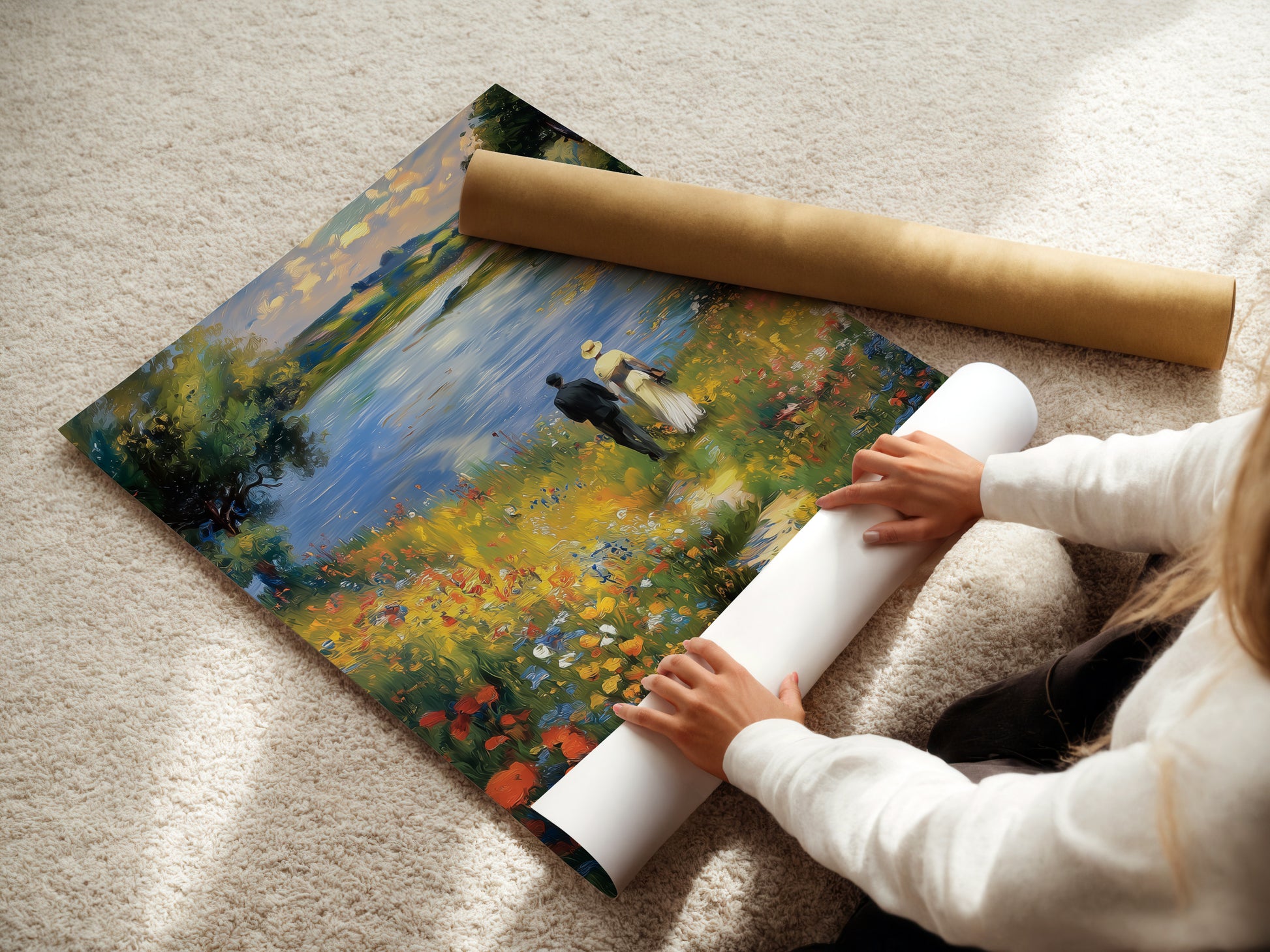 Woman rolling a fine art poster paper. The fine art paper ensures top quality prints. This paper is perfect for detailed artwork. The woman carefully rolls the paper. It is ready for framing or display.